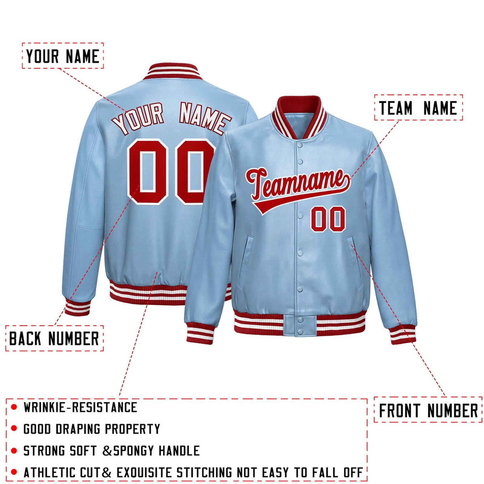 Custom Powder Blue Red Full-Snap Varsity Faux Leather Letterman Jacket| KXKSHOP