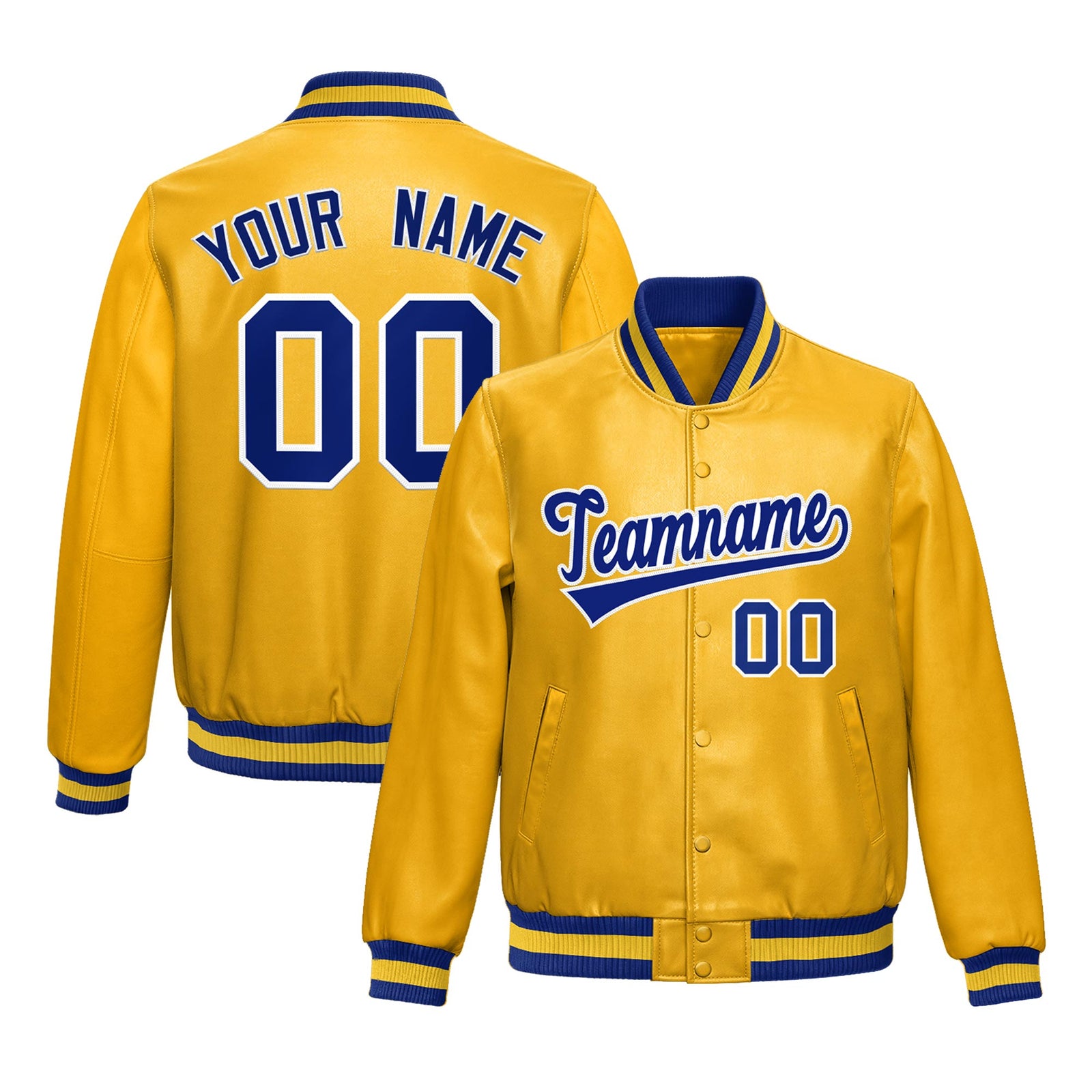 Custom Yellow Royal Blue Full-Snap Varsity Faux Leather Letterman Jacket| KXKSHOP