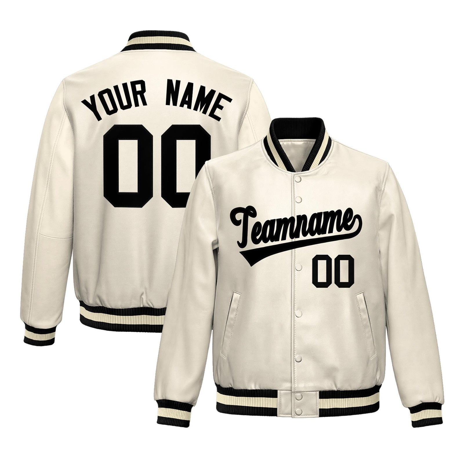 Custom Cream Black Full-Snap Varsity Faux Leather Letterman Jacket| KXKSHOP