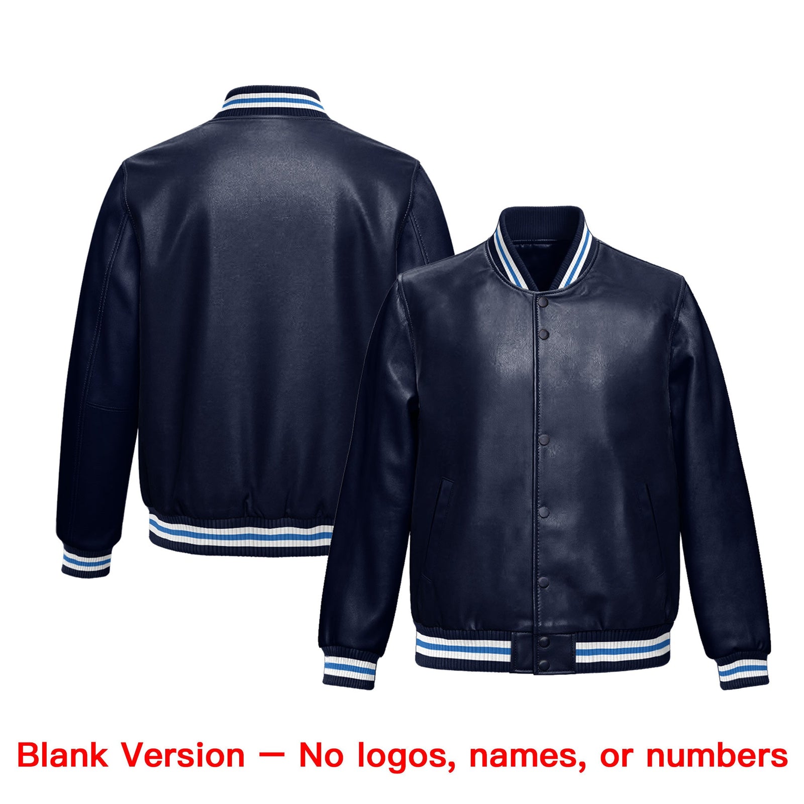 Custom Navy Light Blue Full-Snap Varsity Faux Leather Letterman Jacket| KXKSHOP
