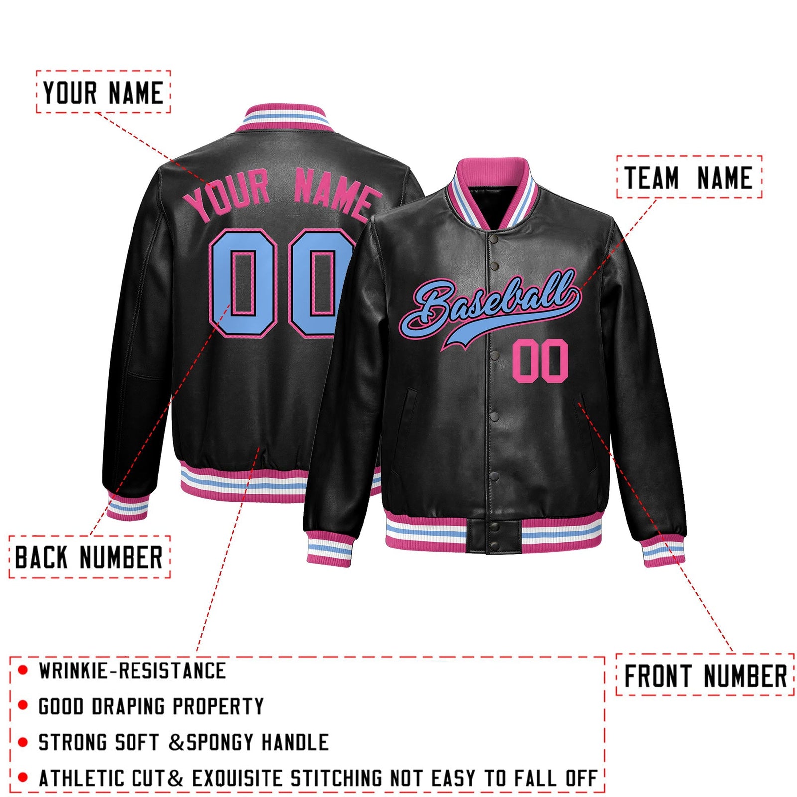Custom Black Pink Full-Snap Varsity Faux Leather Letterman Jacket| KXKSHOP