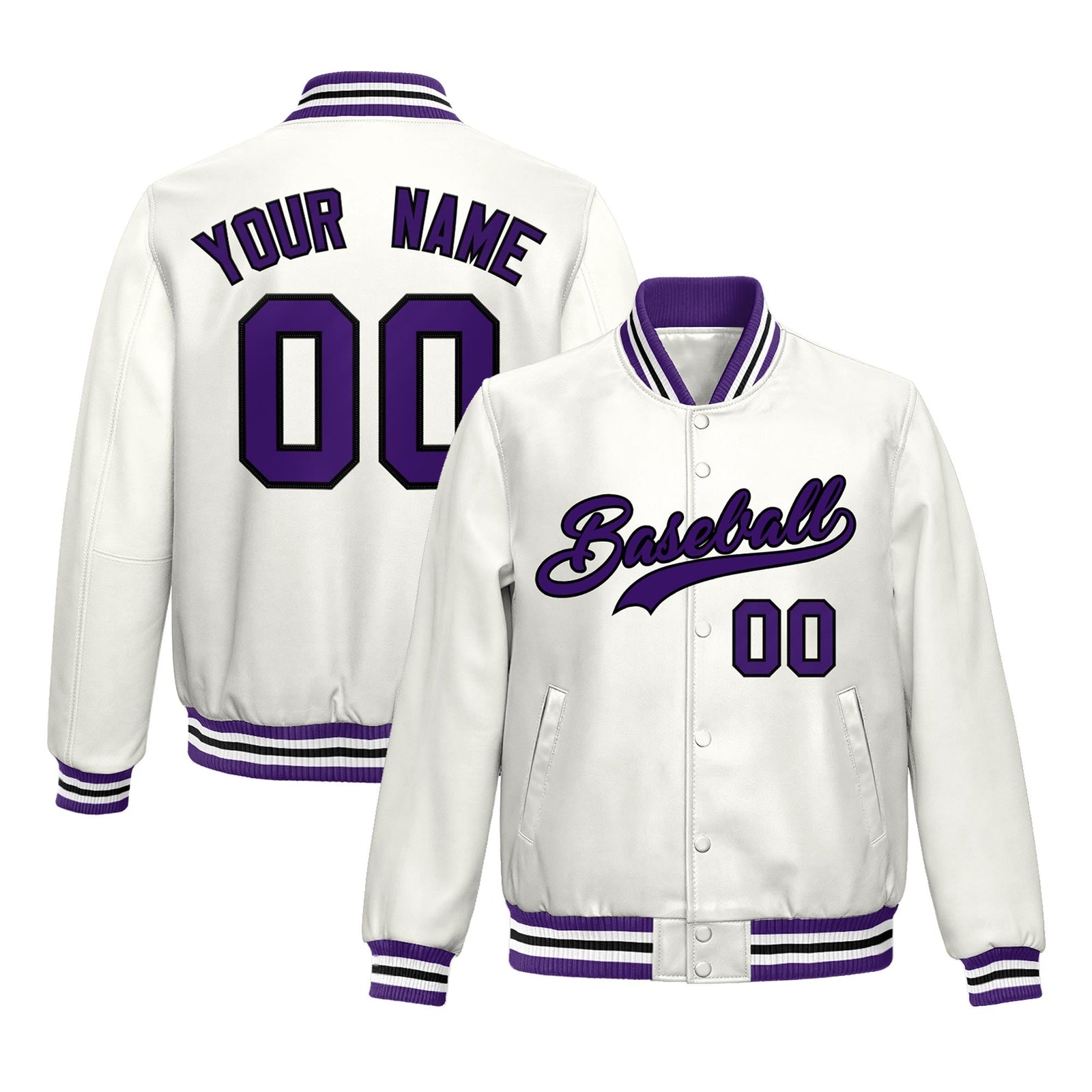 Custom White Purple Full-Snap Varsity Faux Leather Letterman Jacket| KXKSHOP