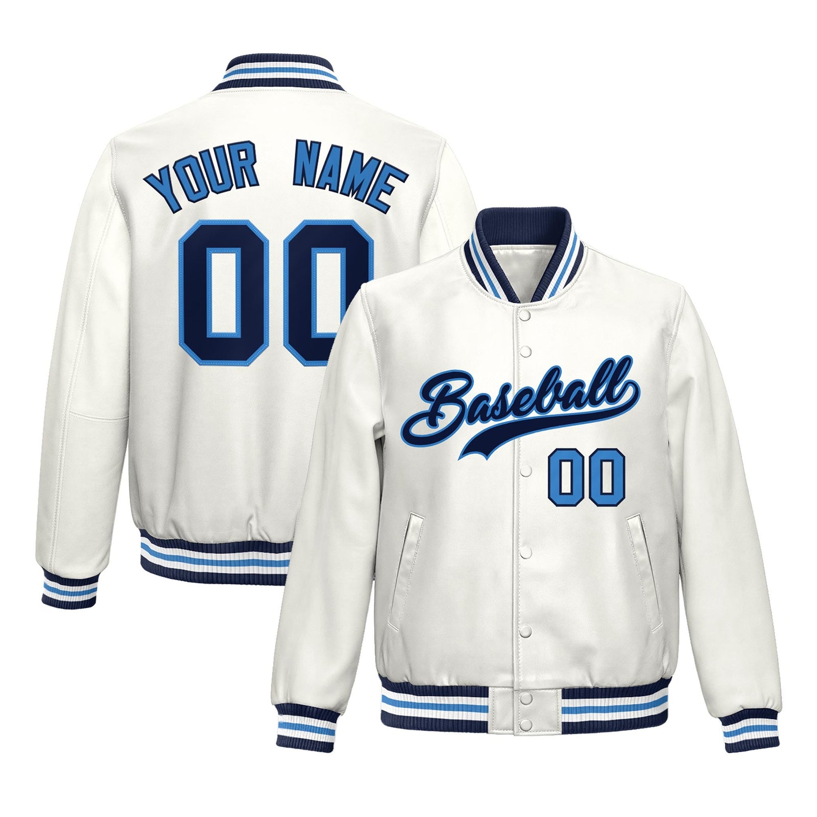 Custom White Light Blue Full-Snap Varsity Faux Leather Letterman Jacket| KXKSHOP