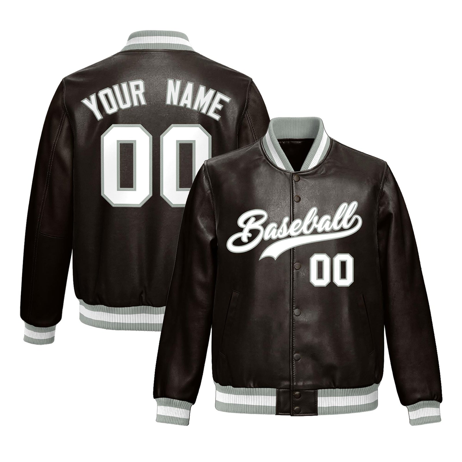 Custom Brown Gray Full-Snap Varsity Faux Leather Letterman Jacket| KXKSHOP