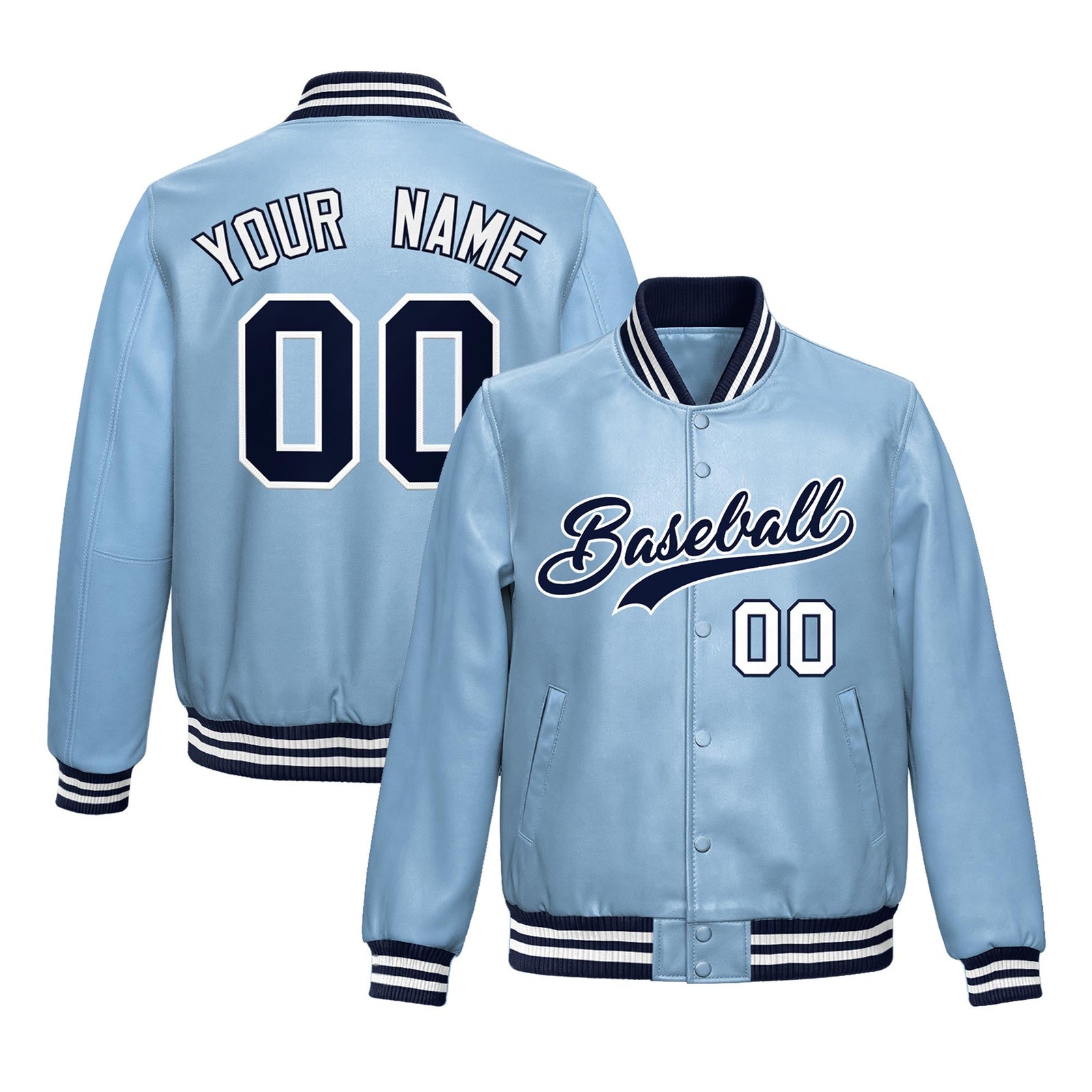 Custom Powder Blue Navy Full-Snap Varsity Faux Leather Letterman Jacket| KXKSHOP