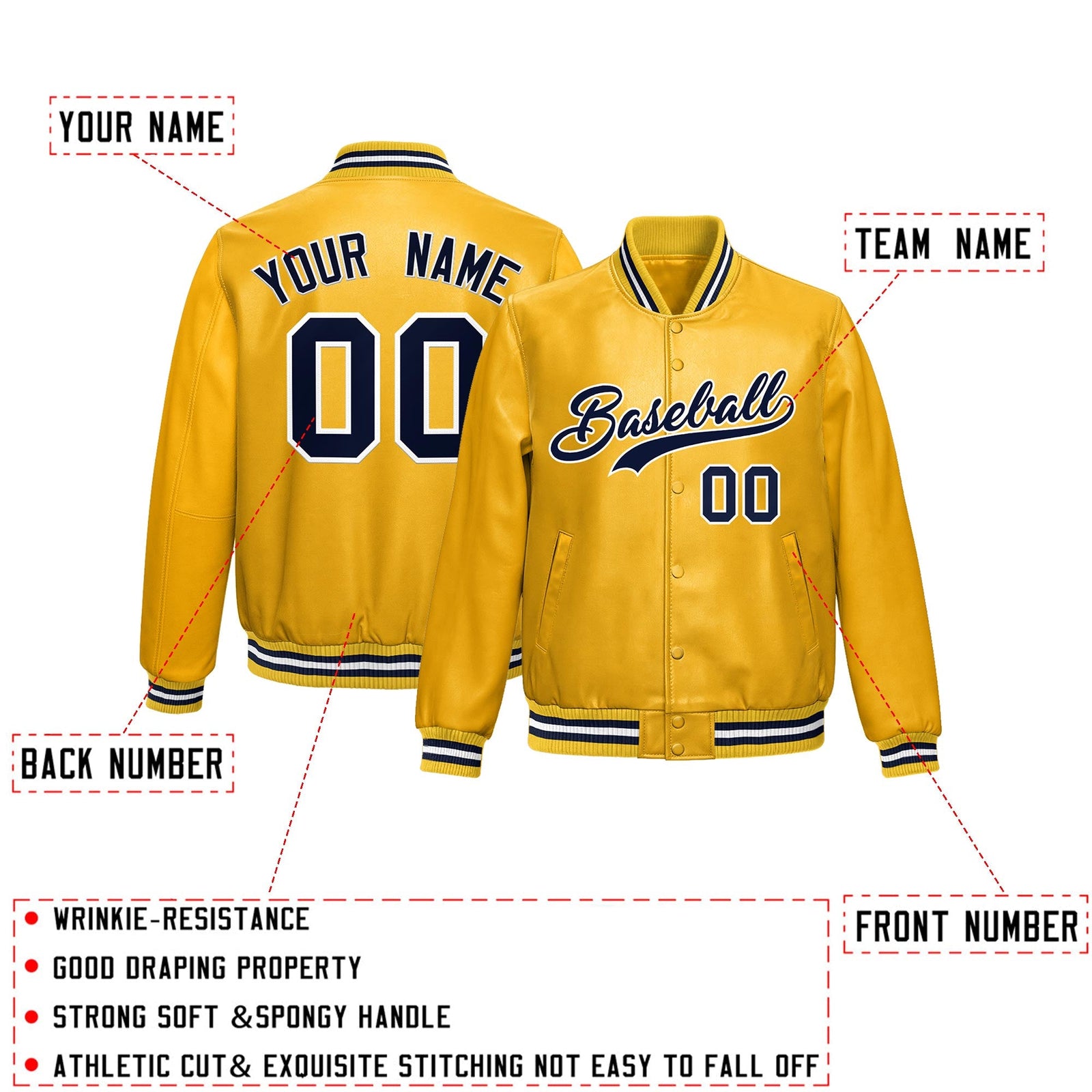 Custom Yellow Navy Full-Snap Varsity Faux Leather Letterman Jacket| KXKSHOP