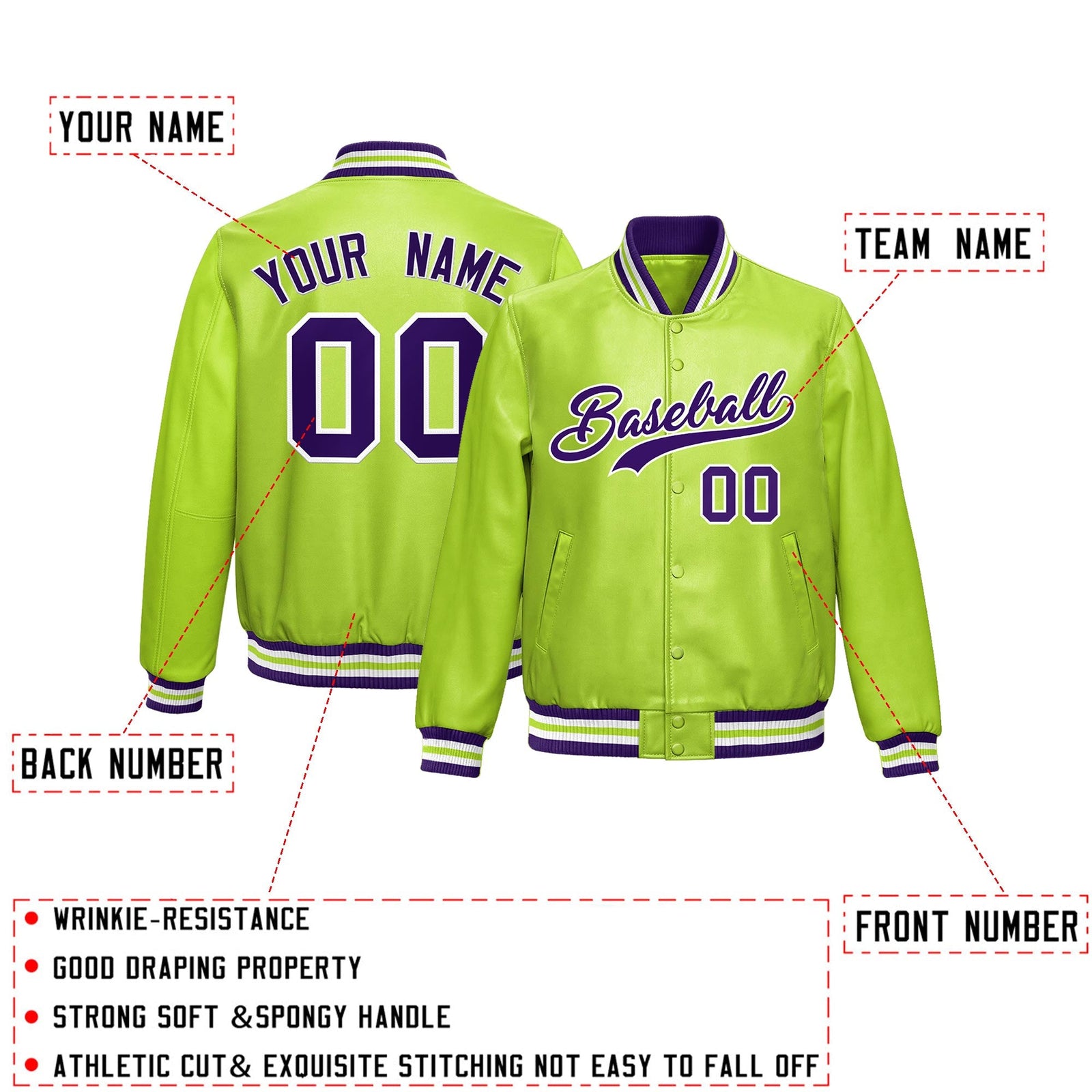 Custom Neon Green Purple Full-Snap Varsity Faux Leather Letterman Jacket| KXKSHOP