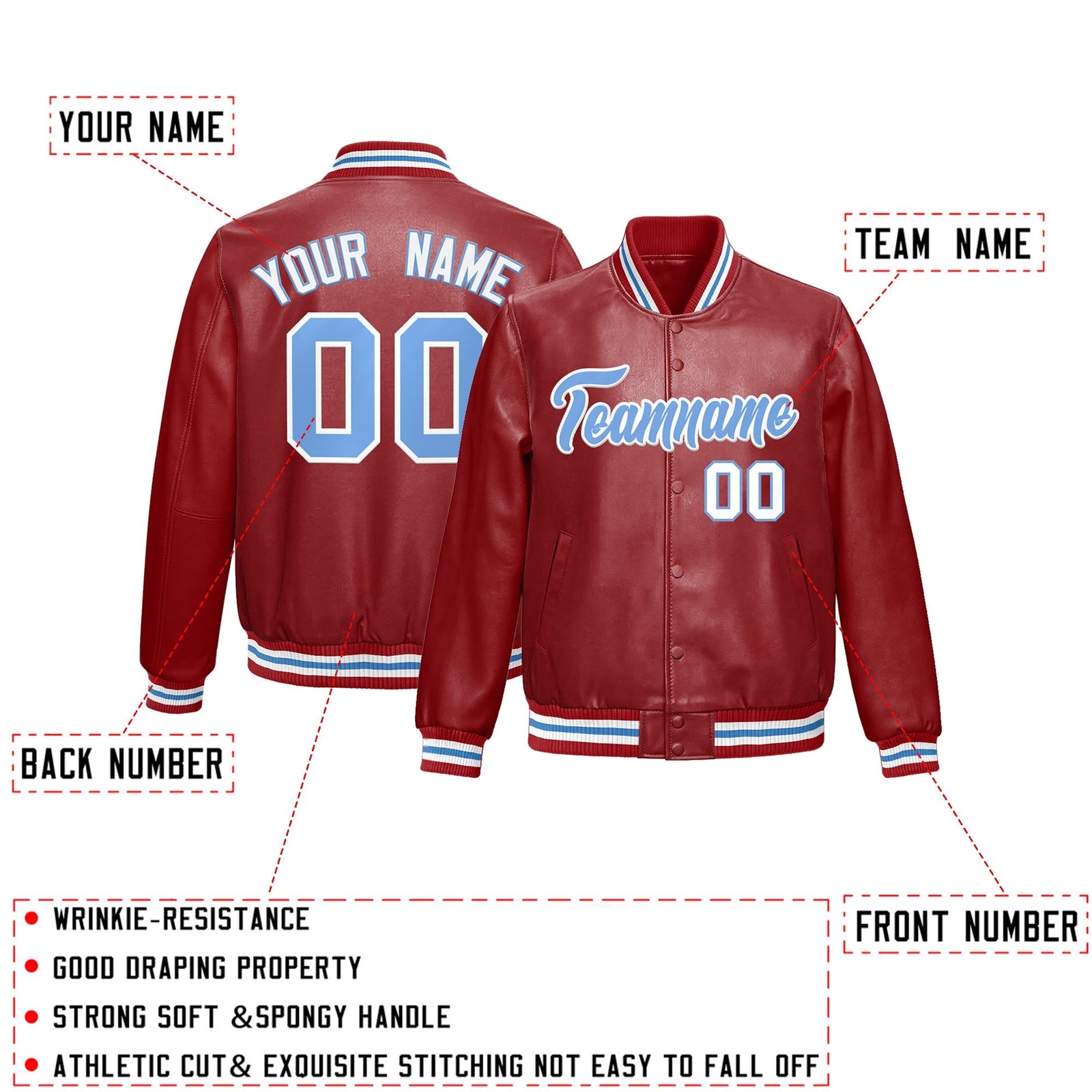 Custom Red Light Blue Full-Snap Varsity Faux Leather Letterman Jacket| KXKSHOP