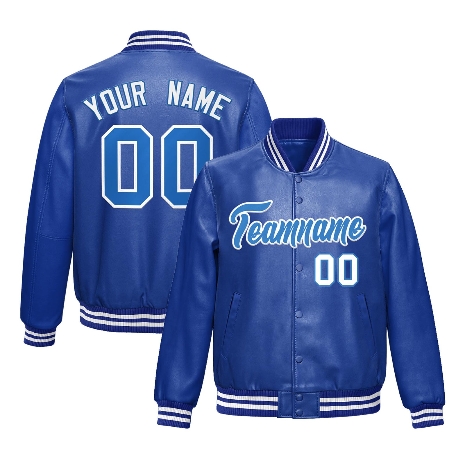 Custom Royal Blue Light Blue Full-Snap Varsity Faux Leather Letterman Jacket| KXKSHOP