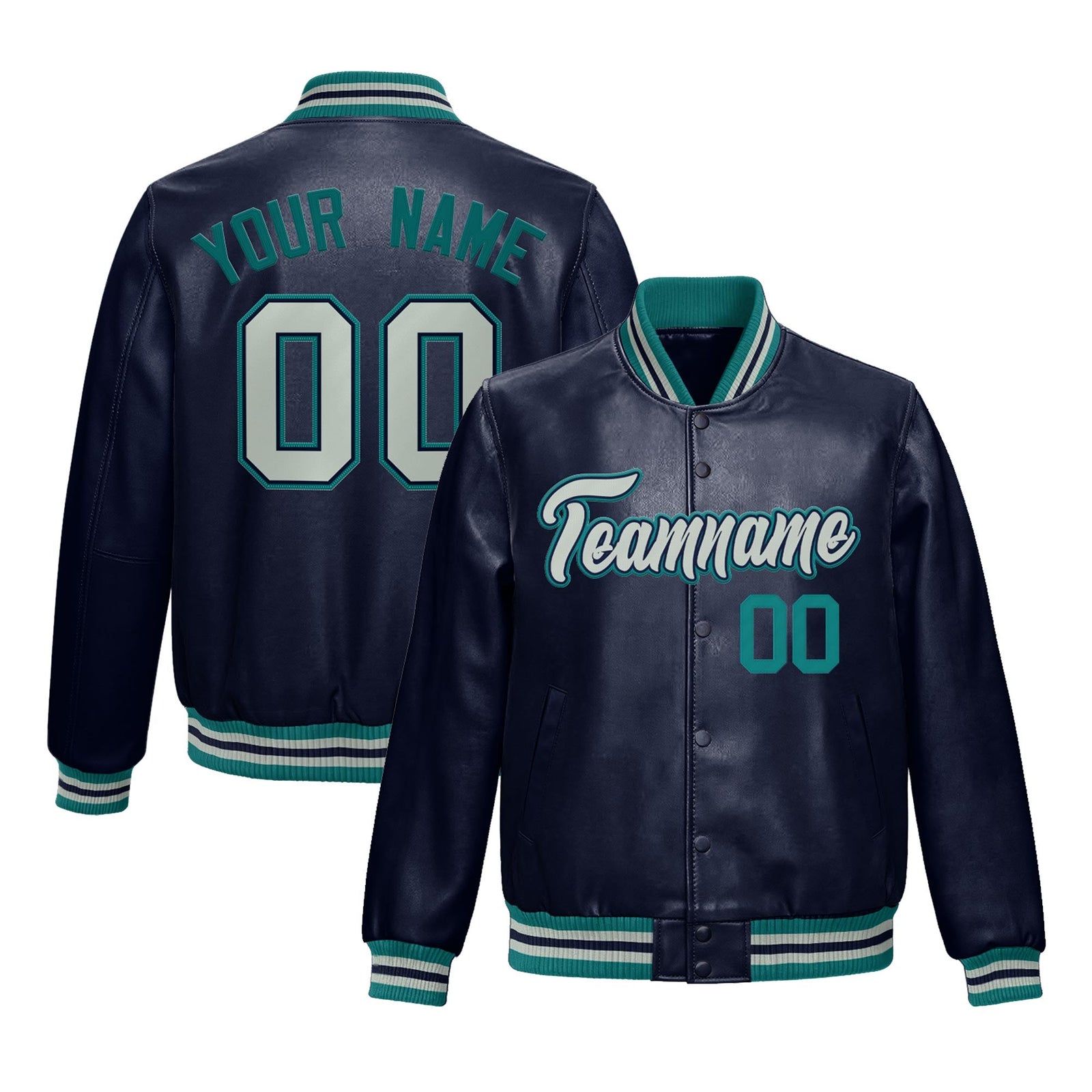Custom Navy Teal Full-Snap Varsity Faux Leather Letterman Jacket| KXKSHOP
