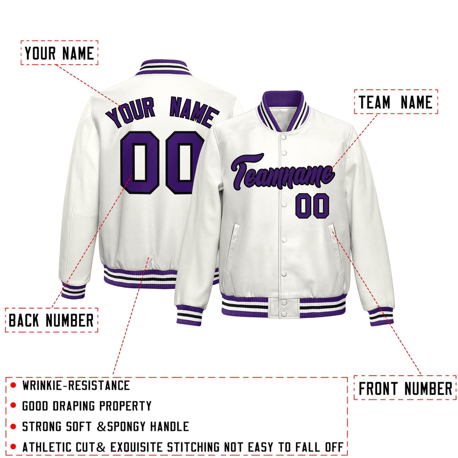 Custom White Purple Full-Snap Varsity Faux Leather Letterman Jacket| KXKSHOP