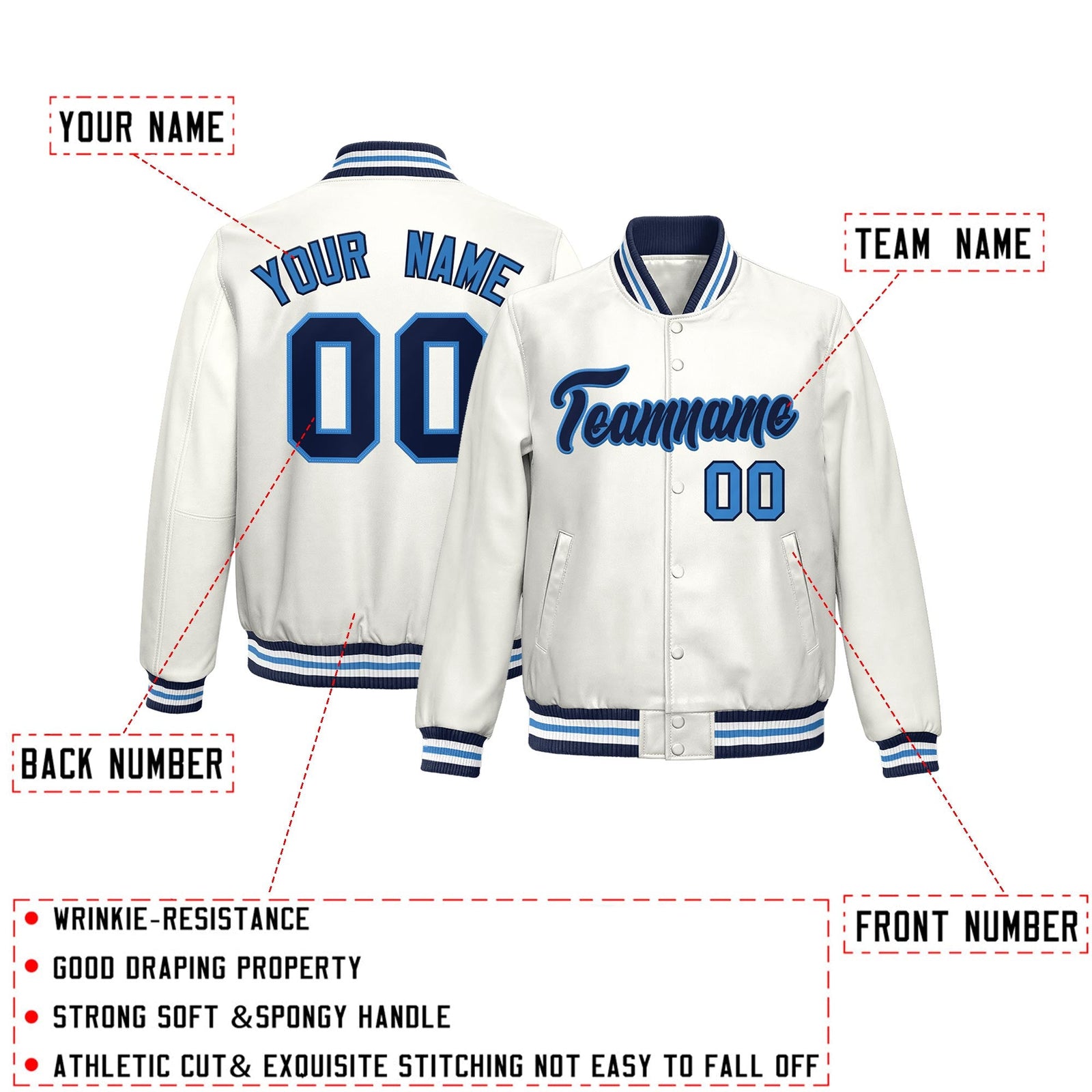 Custom White Light Blue Full-Snap Varsity Faux Leather Letterman Jacket| KXKSHOP