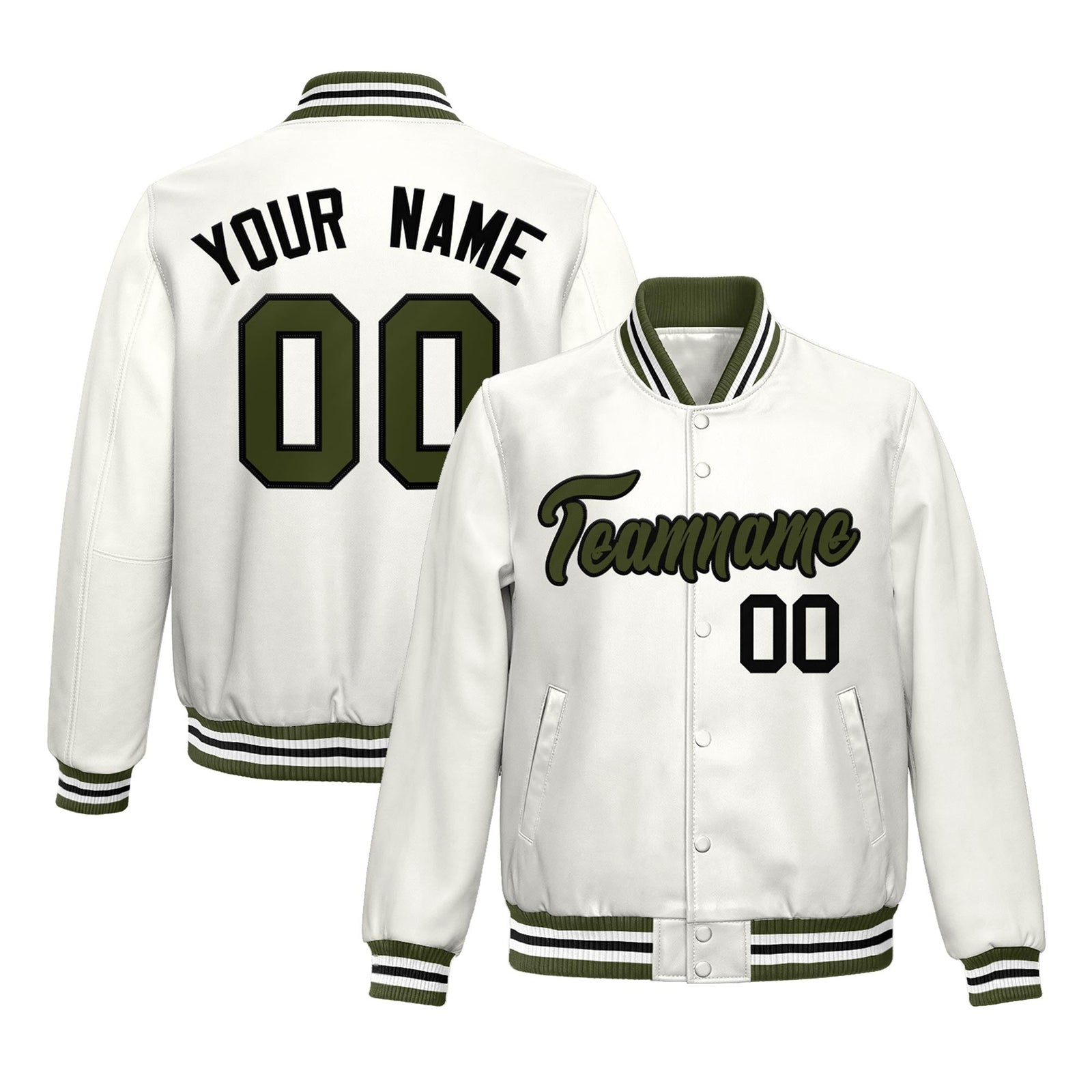 Custom White Olive Full-Snap Varsity Faux Leather Letterman Jacket| KXKSHOP