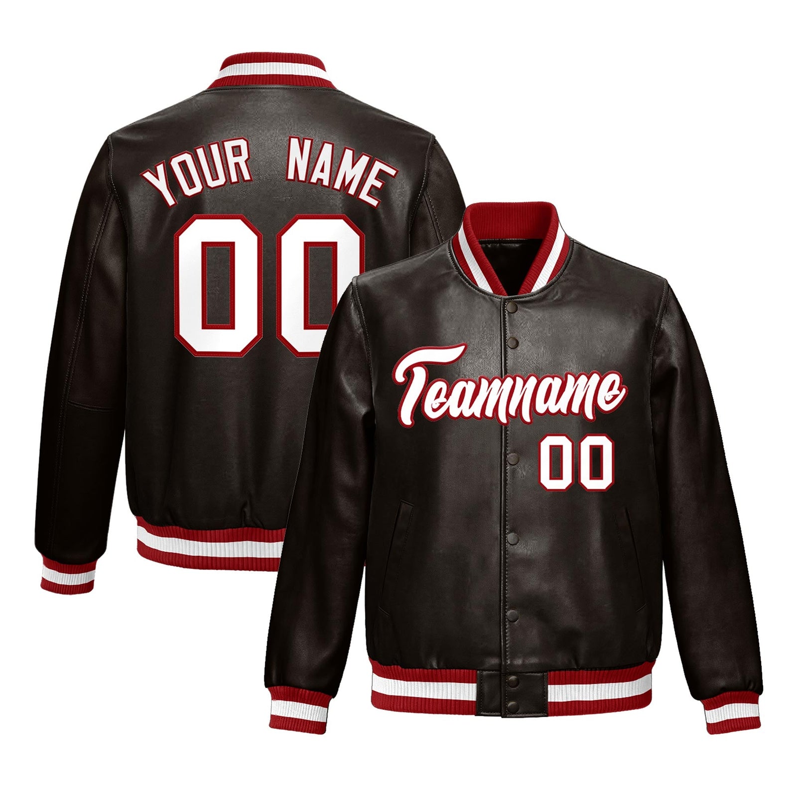 Custom Brown Red Full-Snap Varsity Faux Leather Letterman Jacket| KXKSHOP