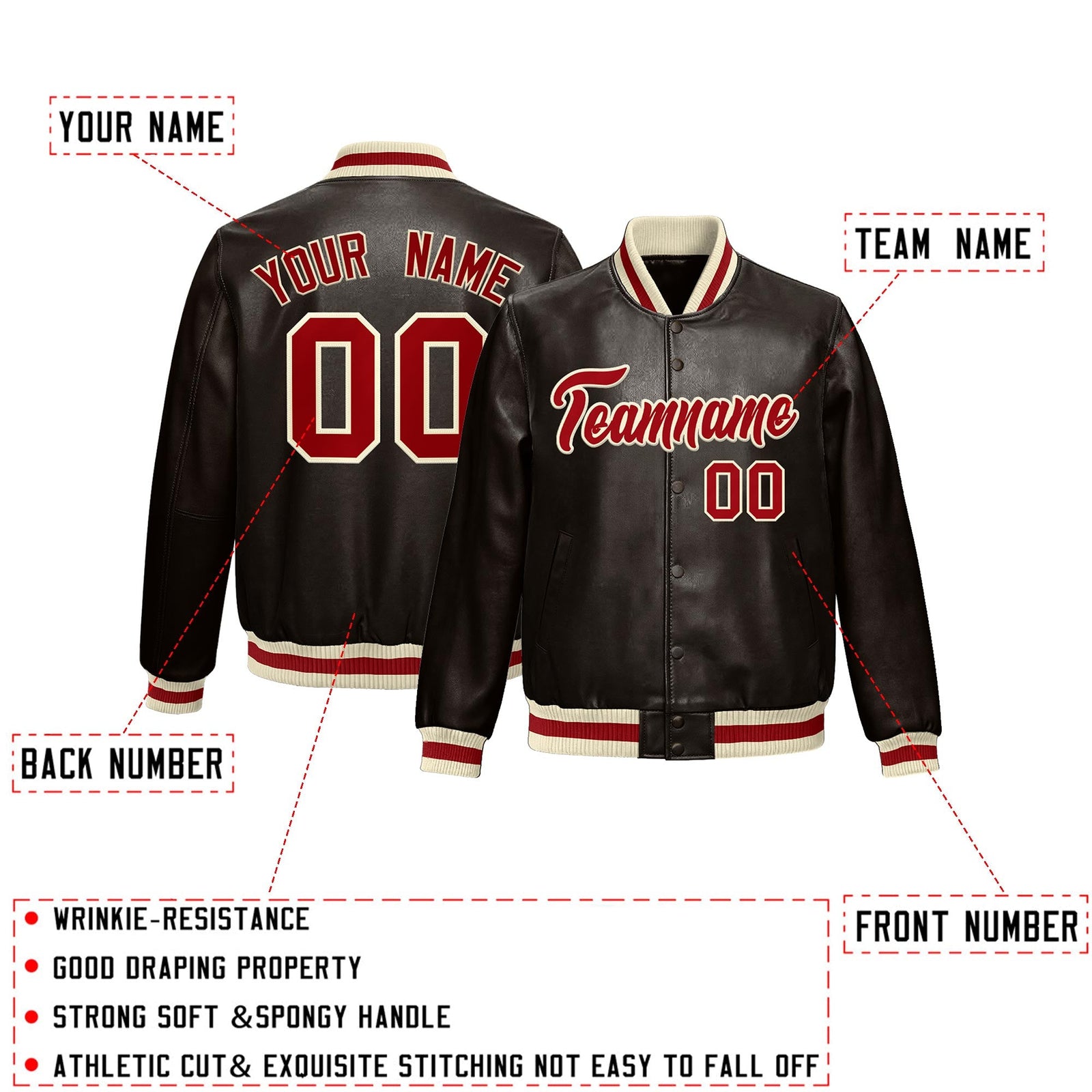 Custom Brown Red Cream Full-Snap Varsity Faux Leather Letterman Jacket| KXKSHOP