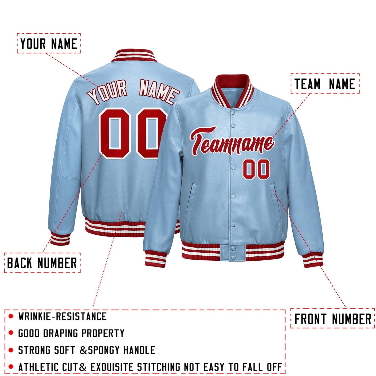 Custom Powder Blue Red Full-Snap Varsity Faux Leather Letterman Jacket| KXKSHOP