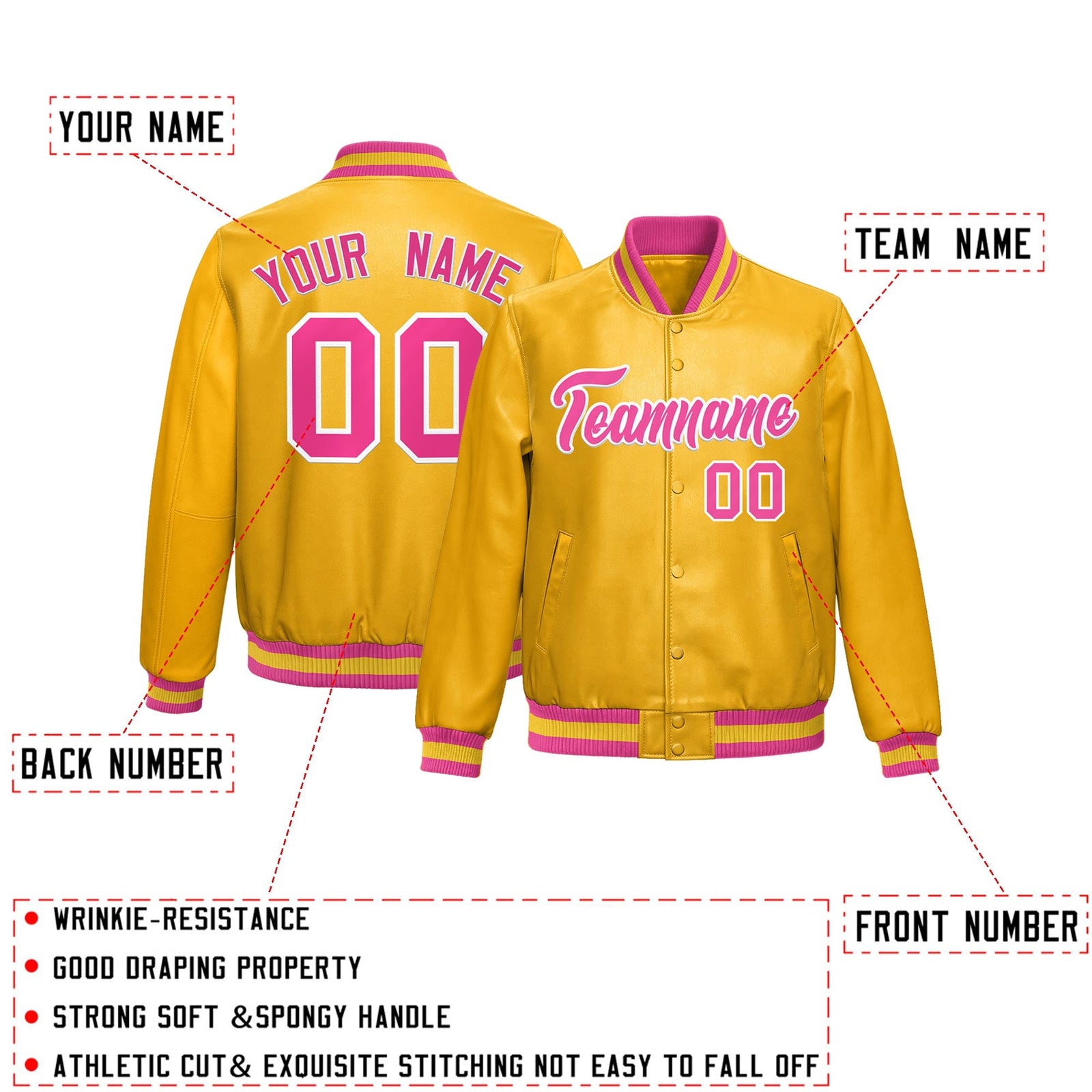 Custom Yellow Pink Full-Snap Varsity Faux Leather Letterman Jacket| KXKSHOP