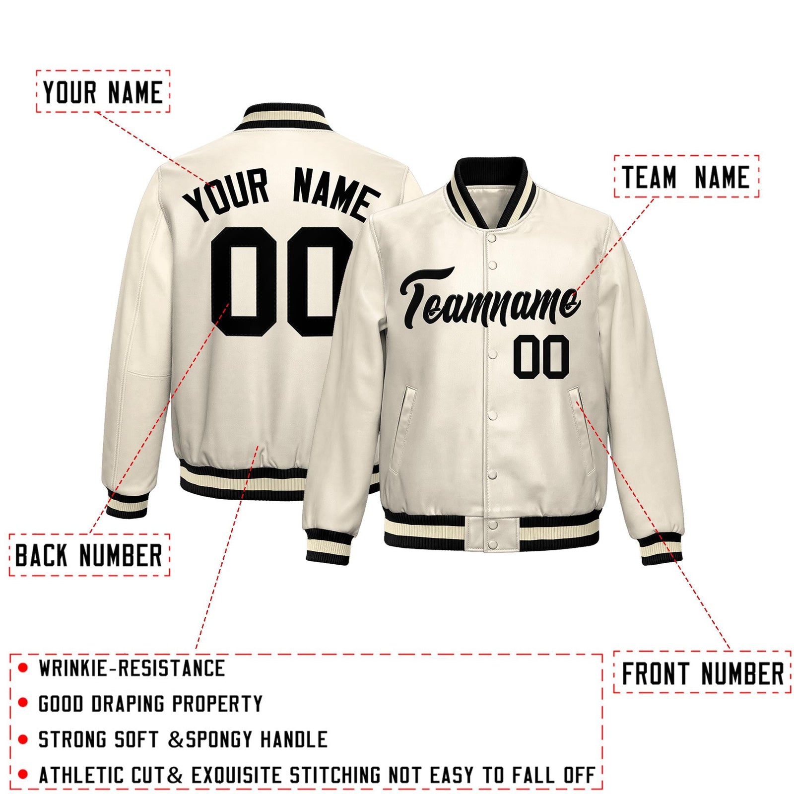 Custom Cream Black Full-Snap Varsity Faux Leather Letterman Jacket| KXKSHOP