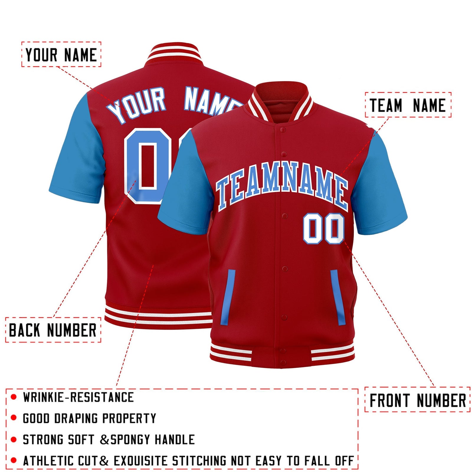 Custom Powder Blue Red Full-Snap Classic Style Jacket| KXKSHOP
