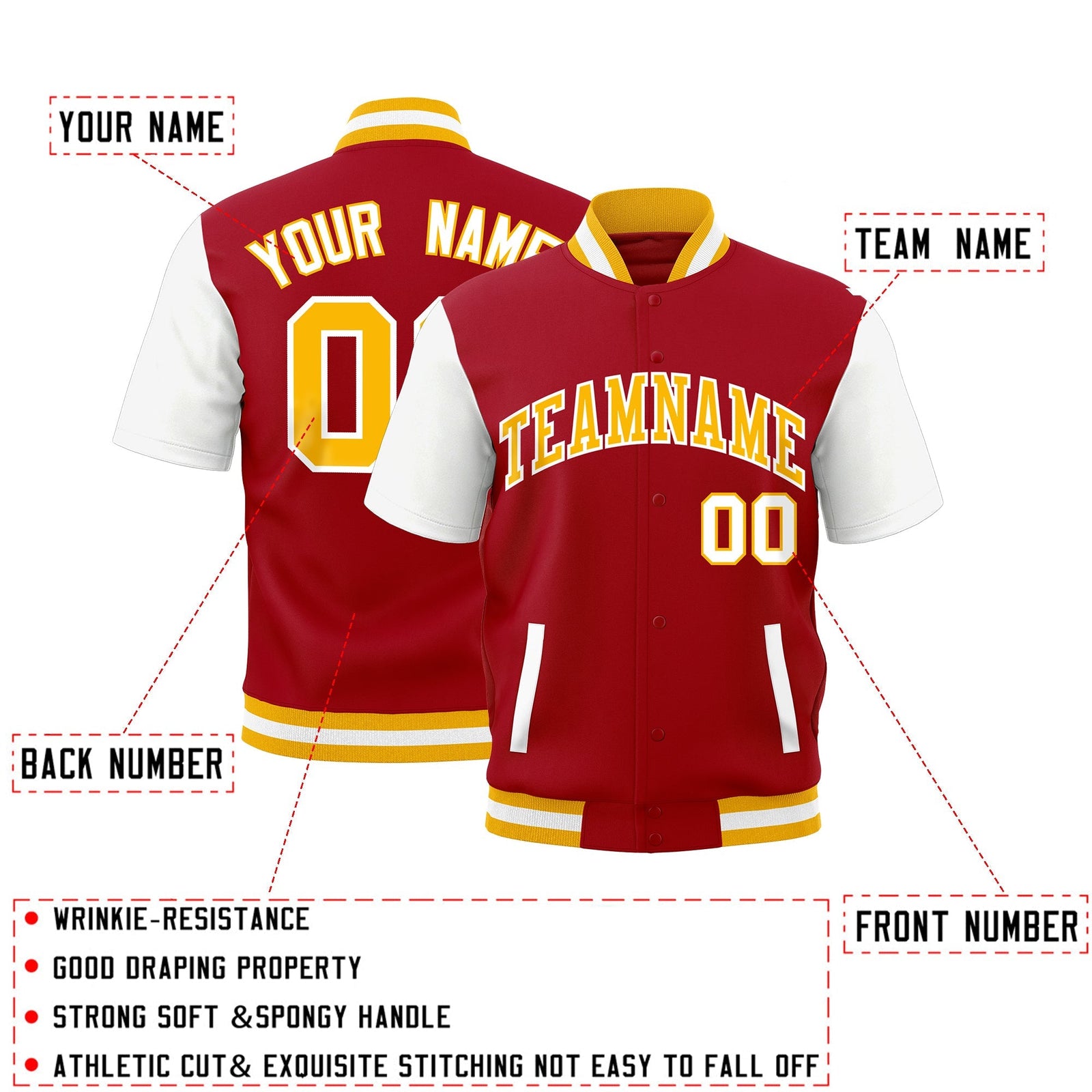 Custom Red White Gold Full-Snap Classic Style Jacket| KXKSHOP