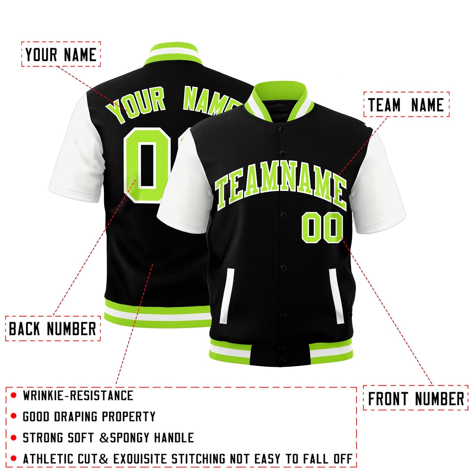 Custom White Neon Green Full-Snap Classic Style Jacket| KXKSHOP