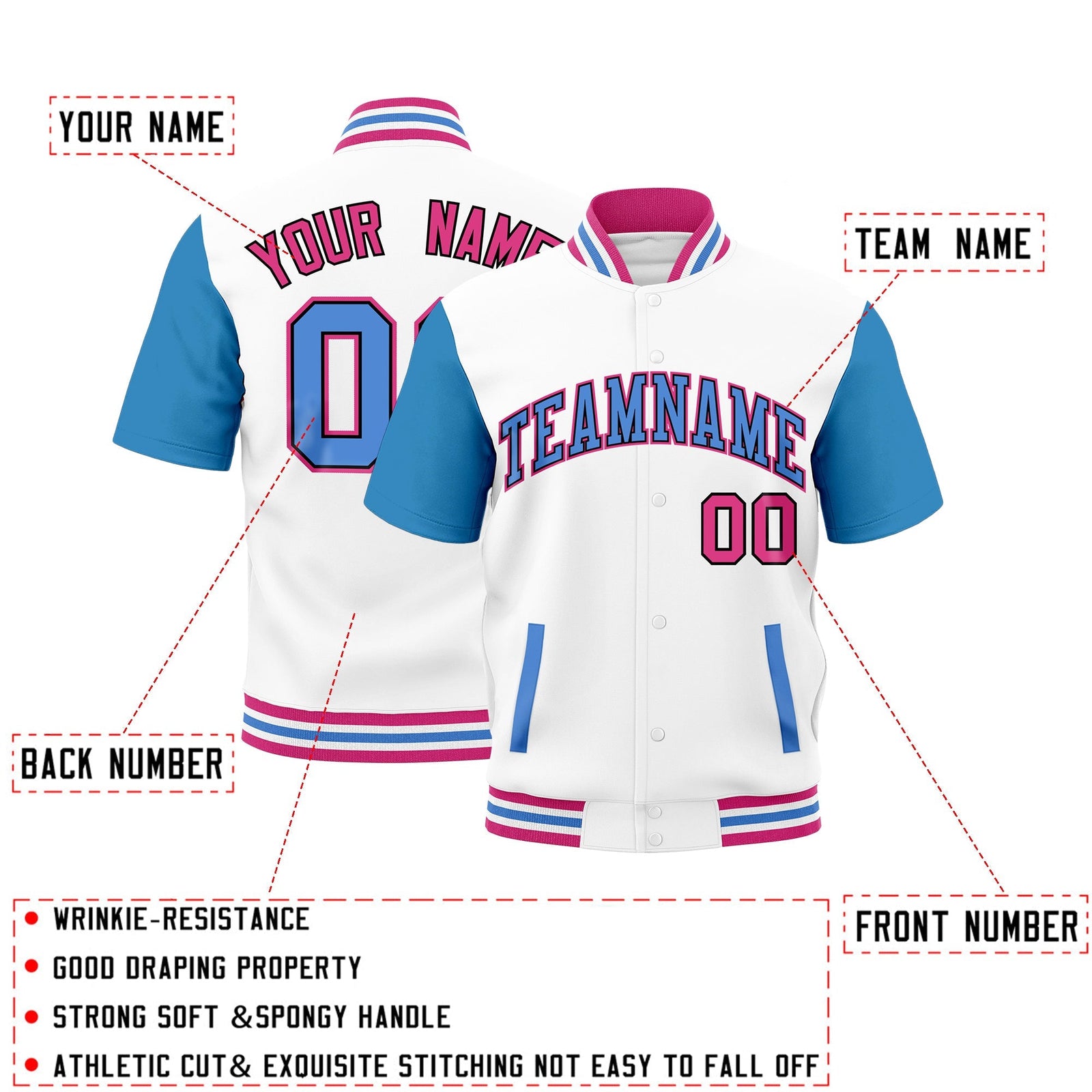 Custom Powder Blue Pink White Full-Snap Classic Style Jacket| KXKSHOP