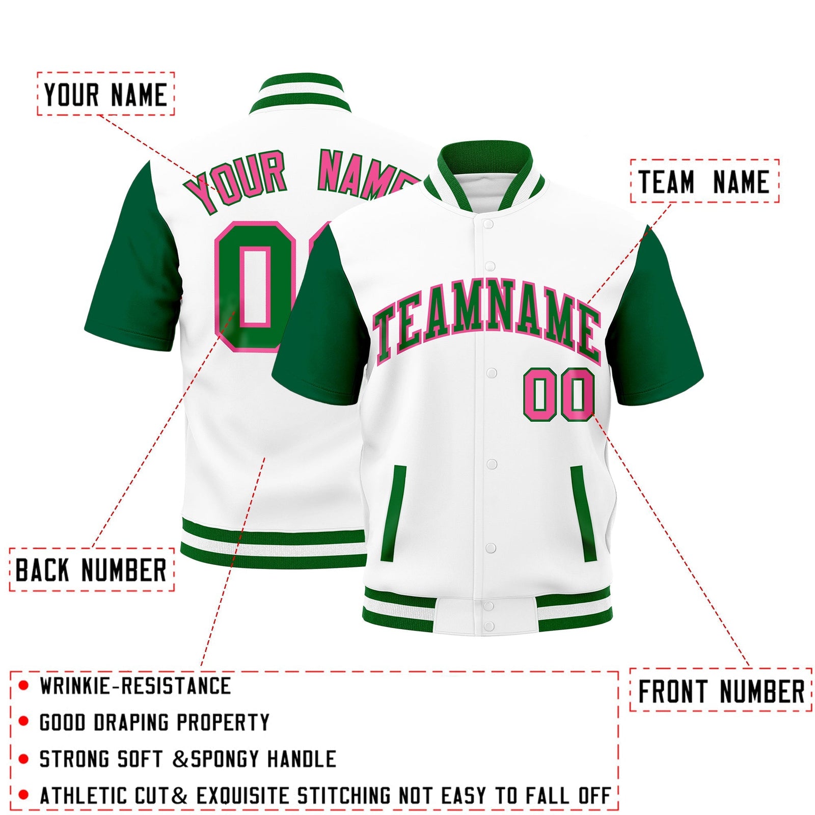 Custom Kelly Green White Full-Snap Classic Style Jacket| KXKSHOP