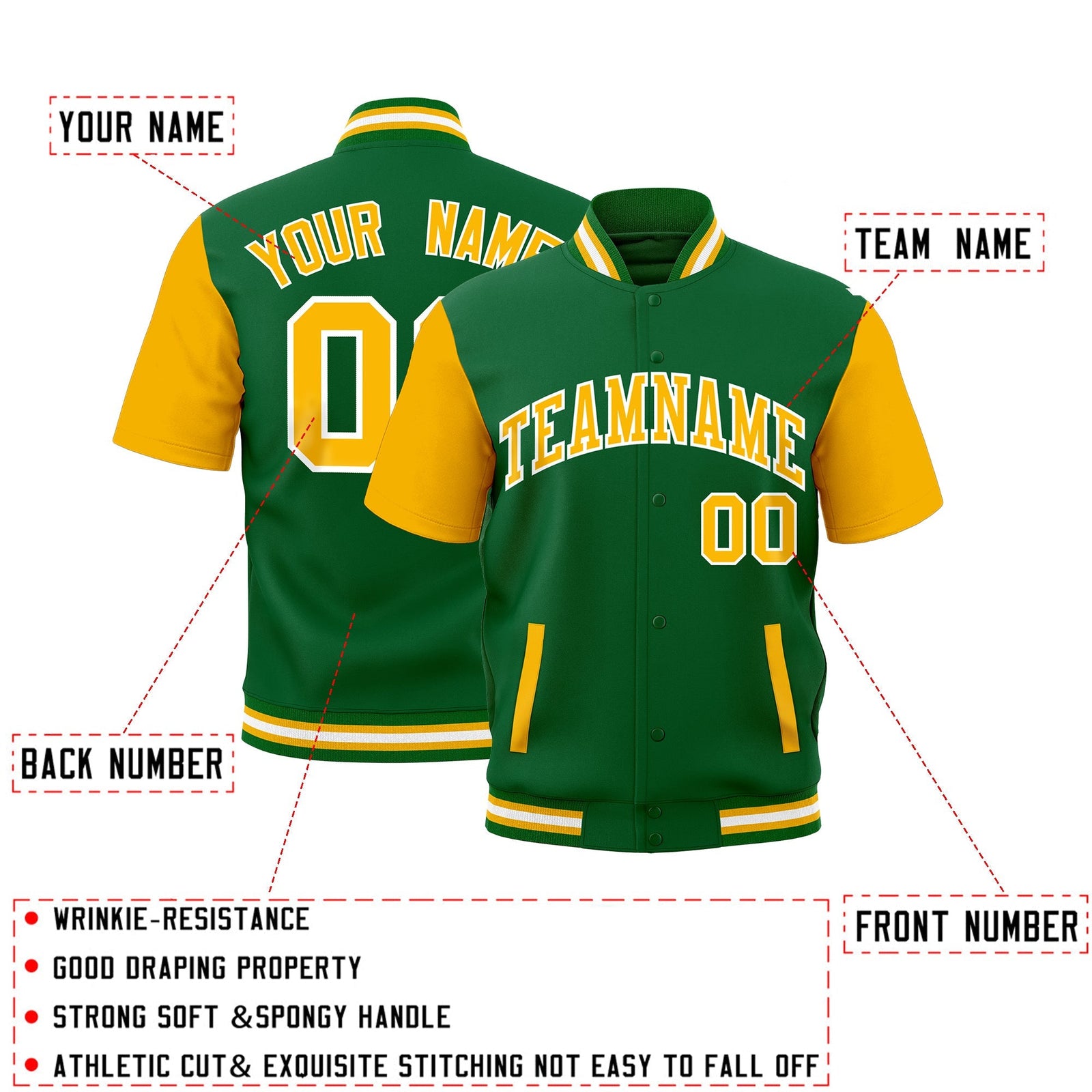 Custom Gold Kelly Green White Full-Snap Classic Style Jacket| KXKSHOP