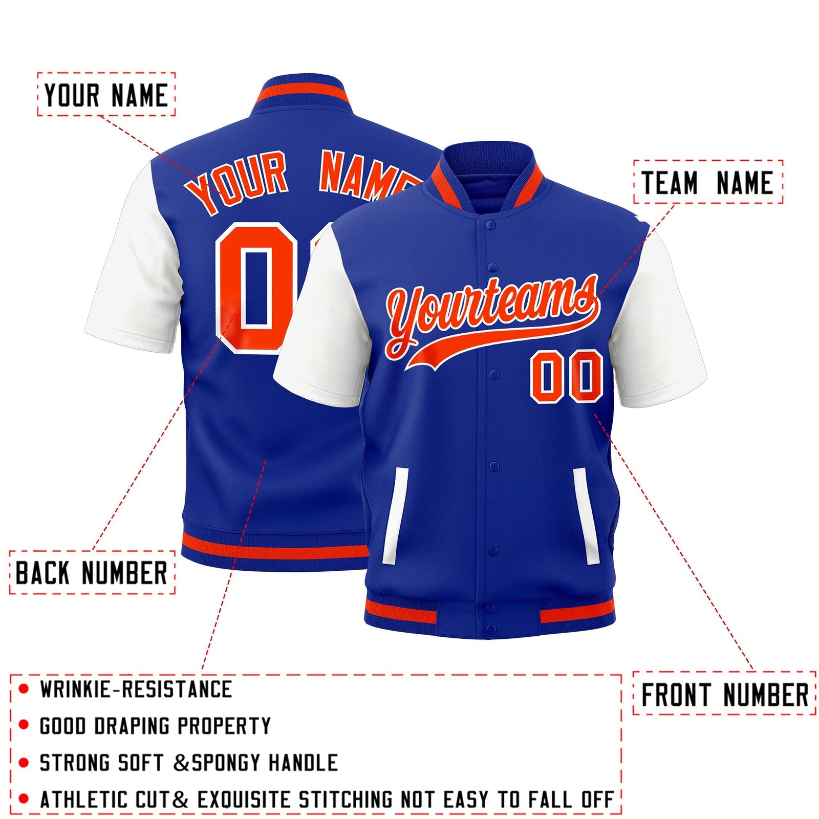 Custom White Royal Blue Orange Full-Snap Classic Style Jacket| KXKSHOP