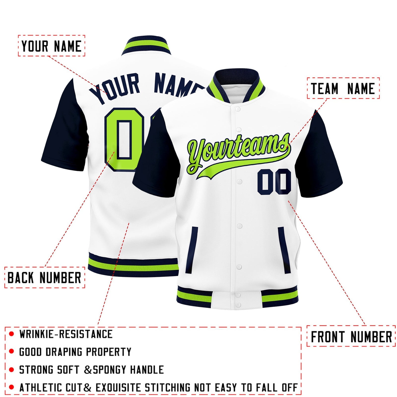 Custom Navy Neon Green Full-Snap Classic Style Jacket| KXKSHOP
