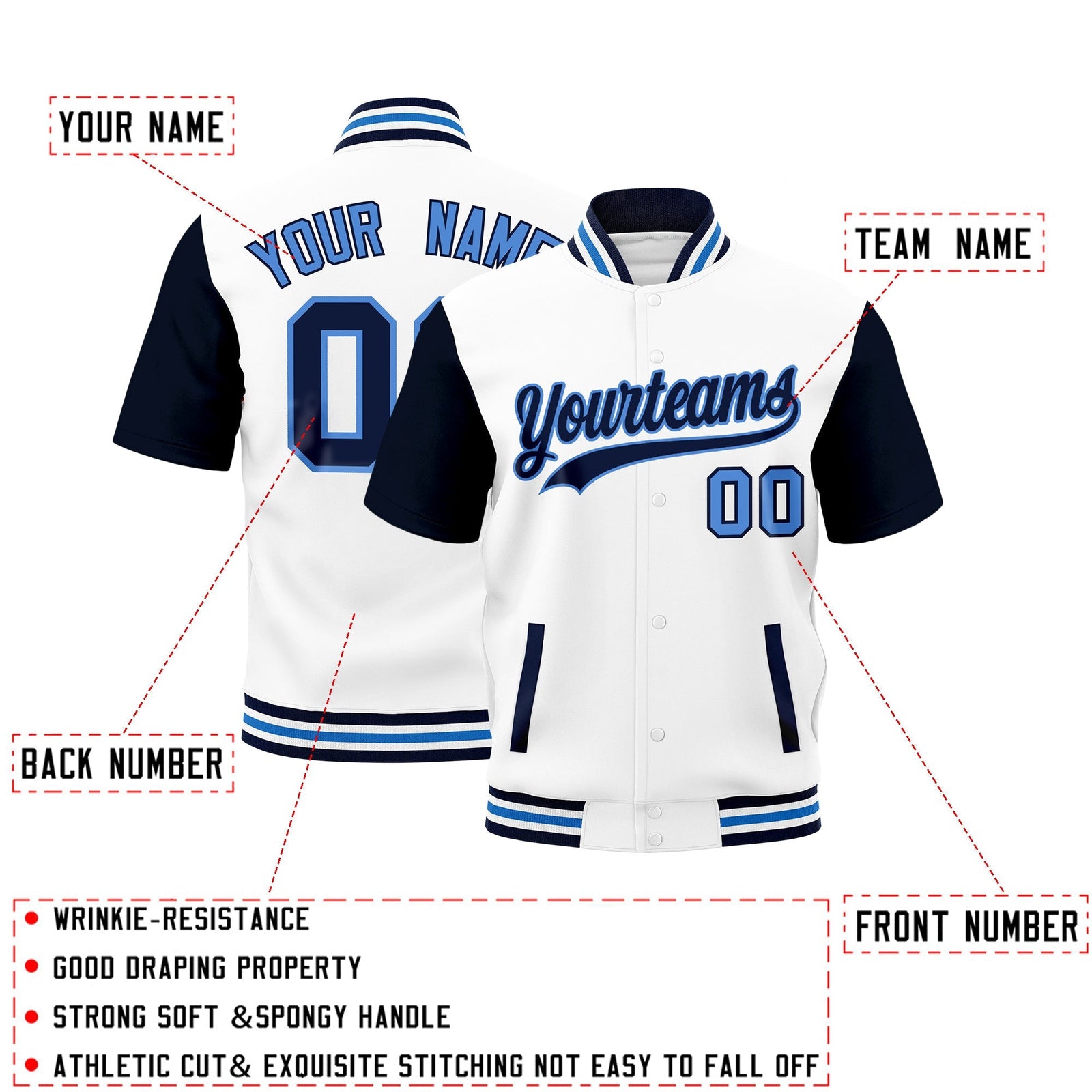 Custom Navy White Powder Blue Full-Snap Classic Style Jacket| KXKSHOP