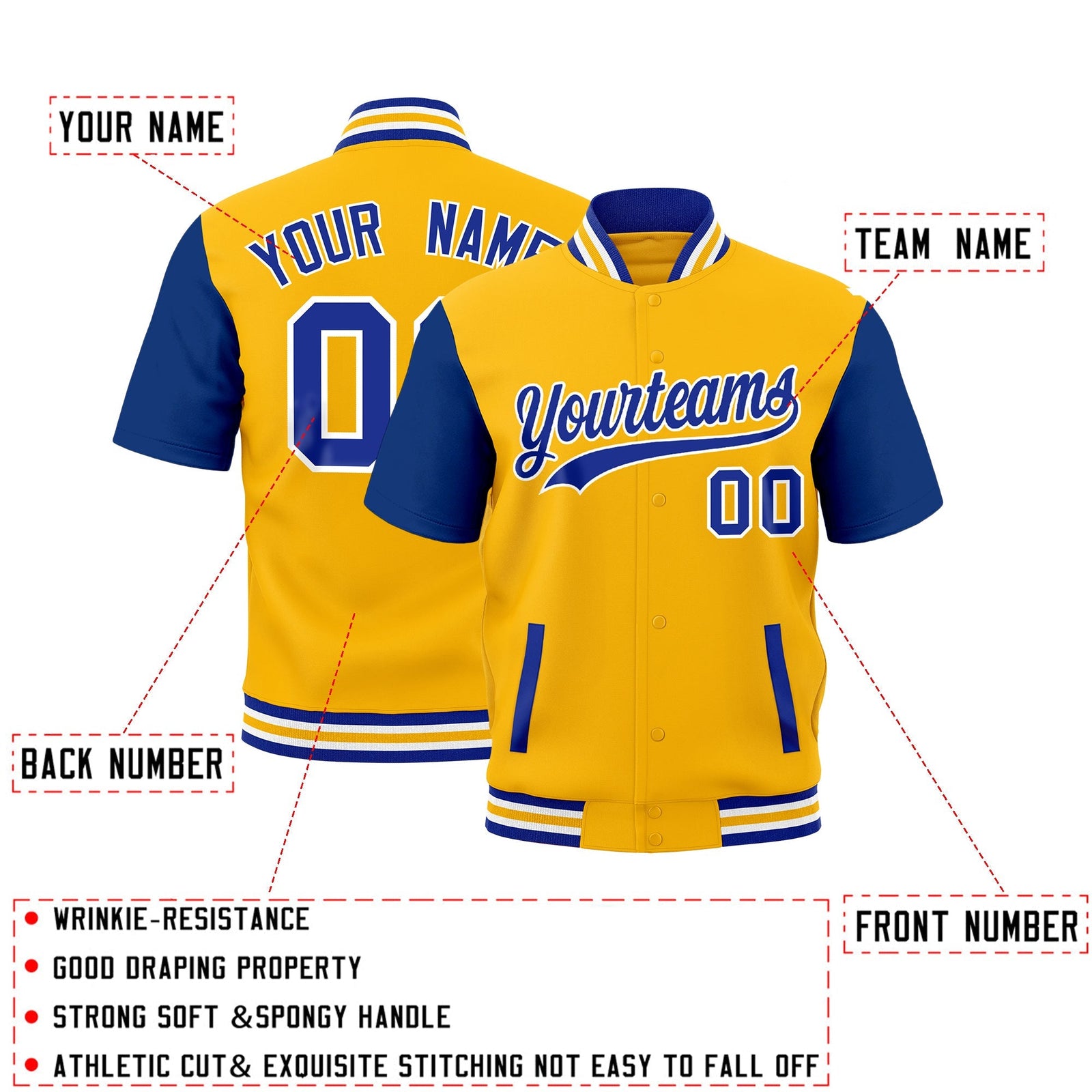 Custom Royal Blue White Gold Full-Snap Classic Style Jacket| KXKSHOP