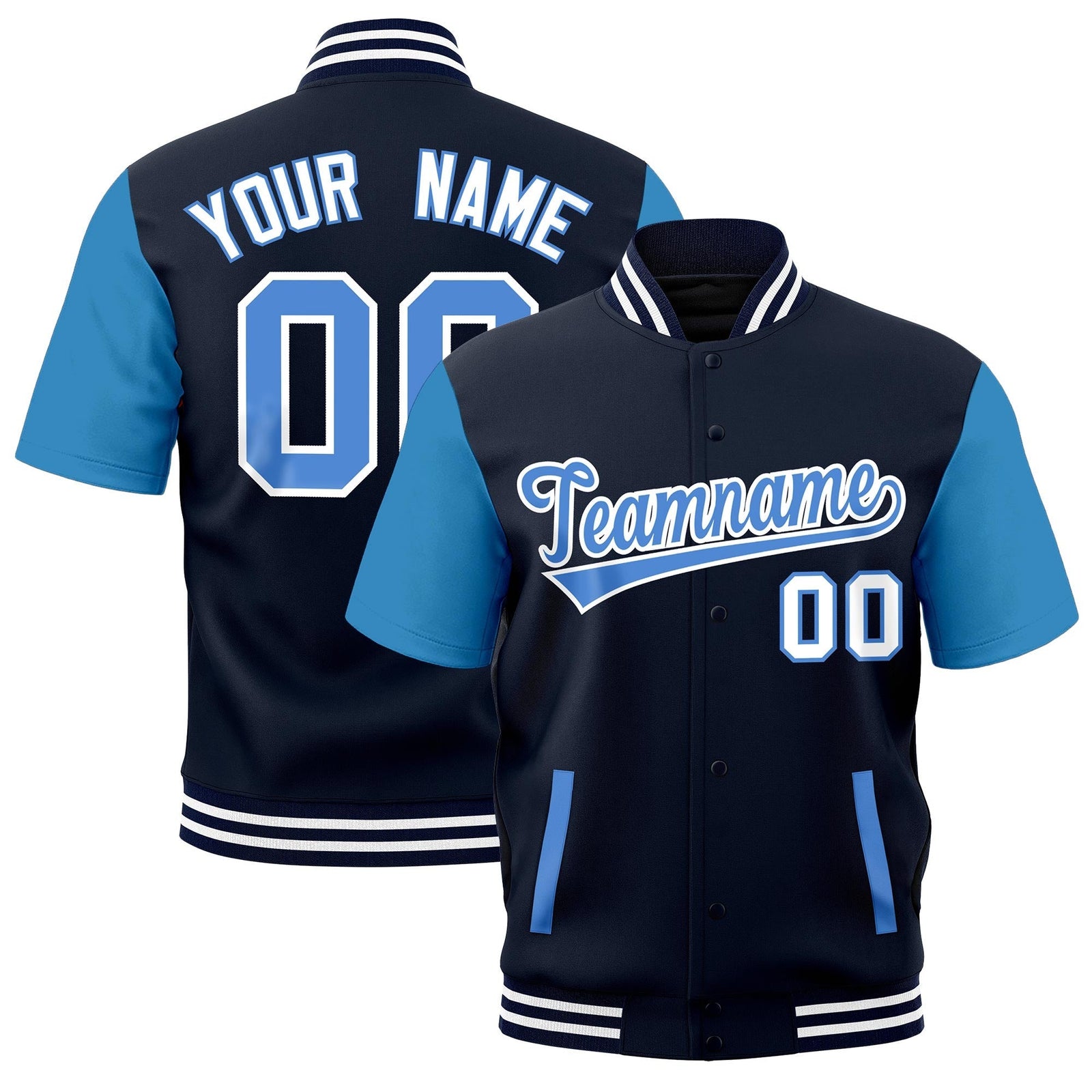 Custom Powder Blue Navy White Full-Snap Classic Style Jacket| KXKSHOP
