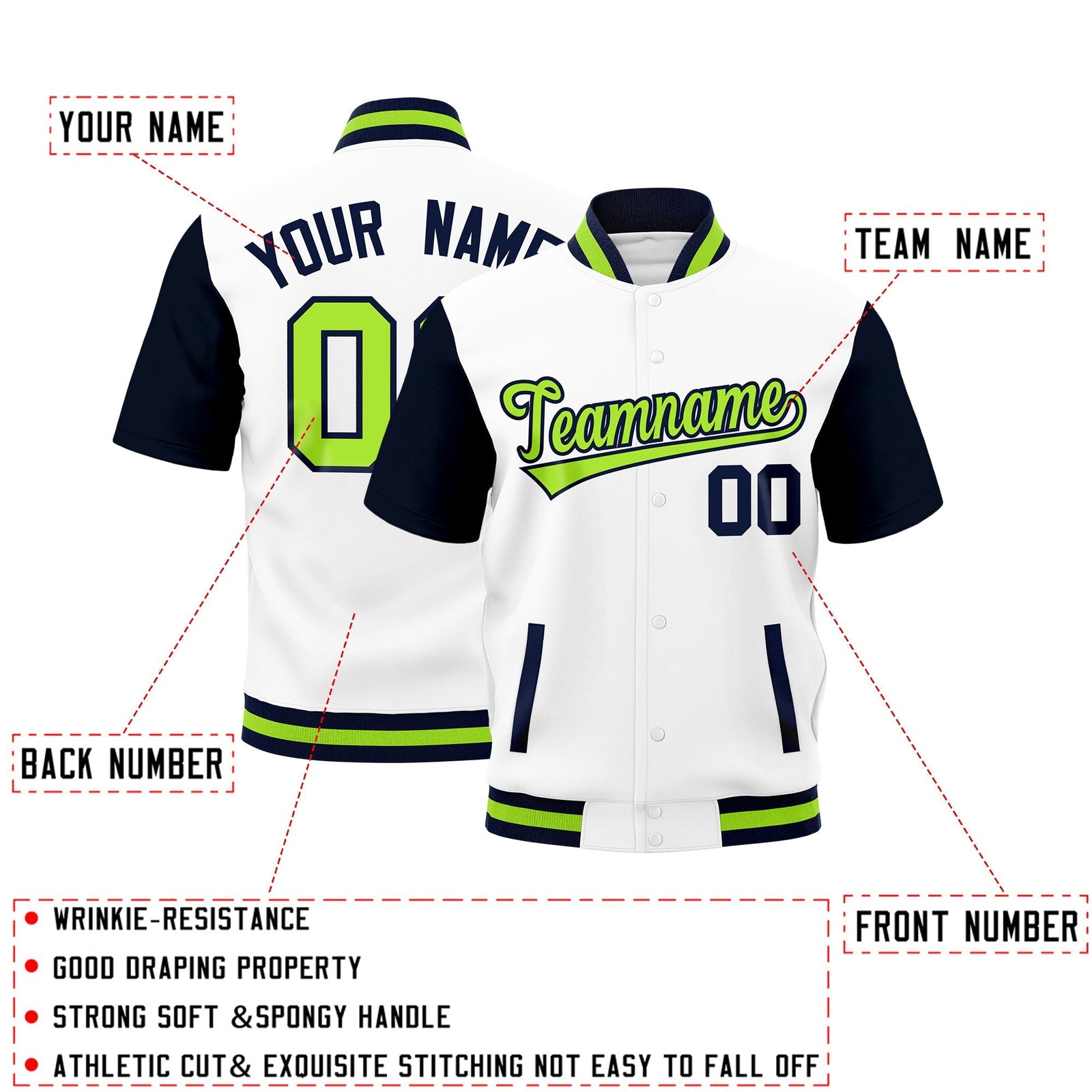 Custom Navy Neon Green Full-Snap Classic Style Jacket| KXKSHOP