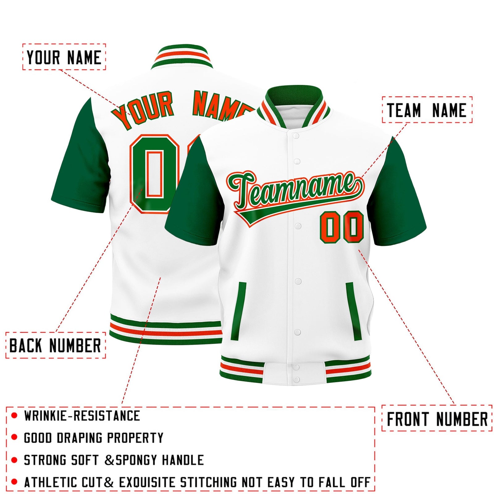 Custom Kelly Green White Orange Full-Snap Classic Style Jacket| KXKSHOP