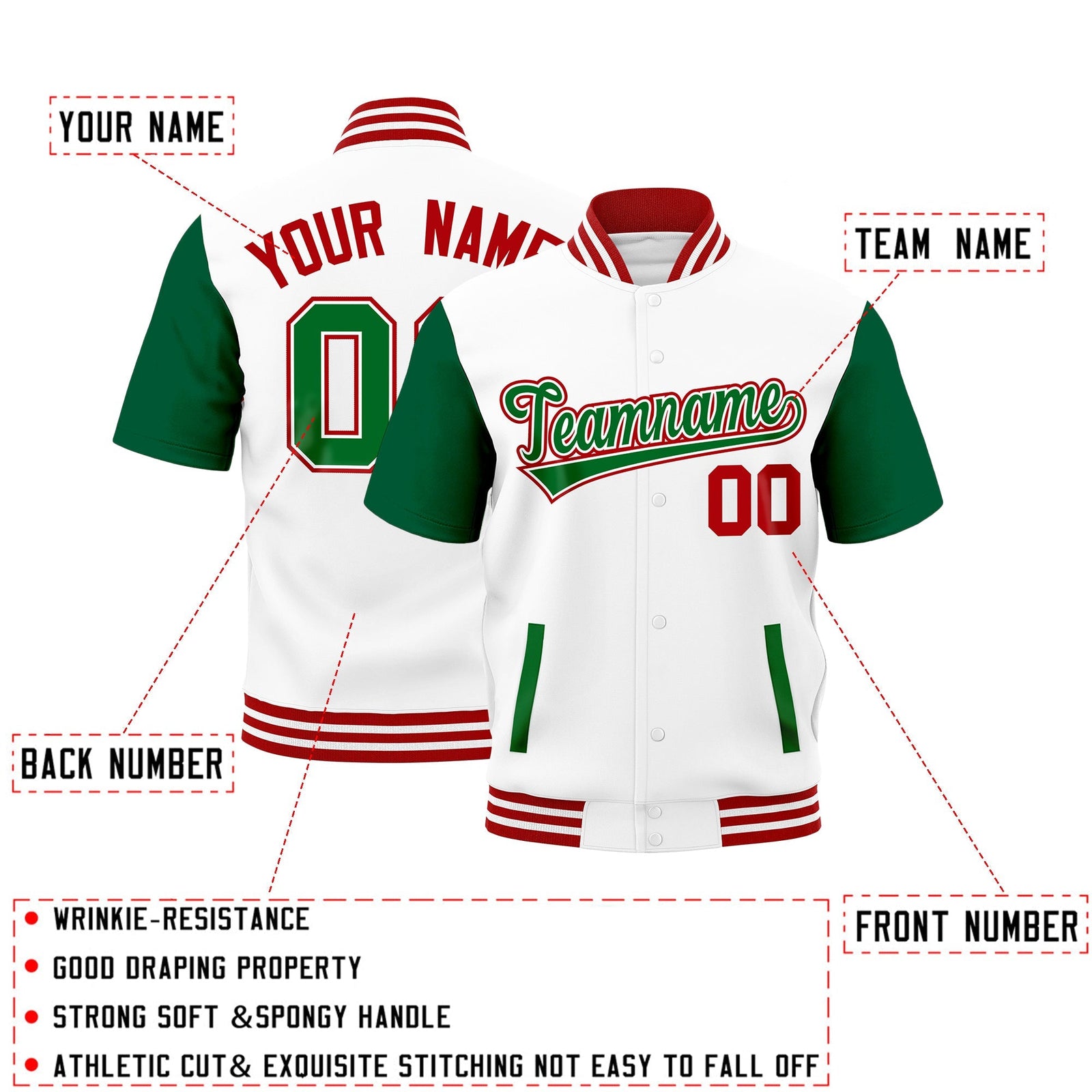 Custom Kelly Green Red White Full-Snap Classic Style Jacket| KXKSHOP