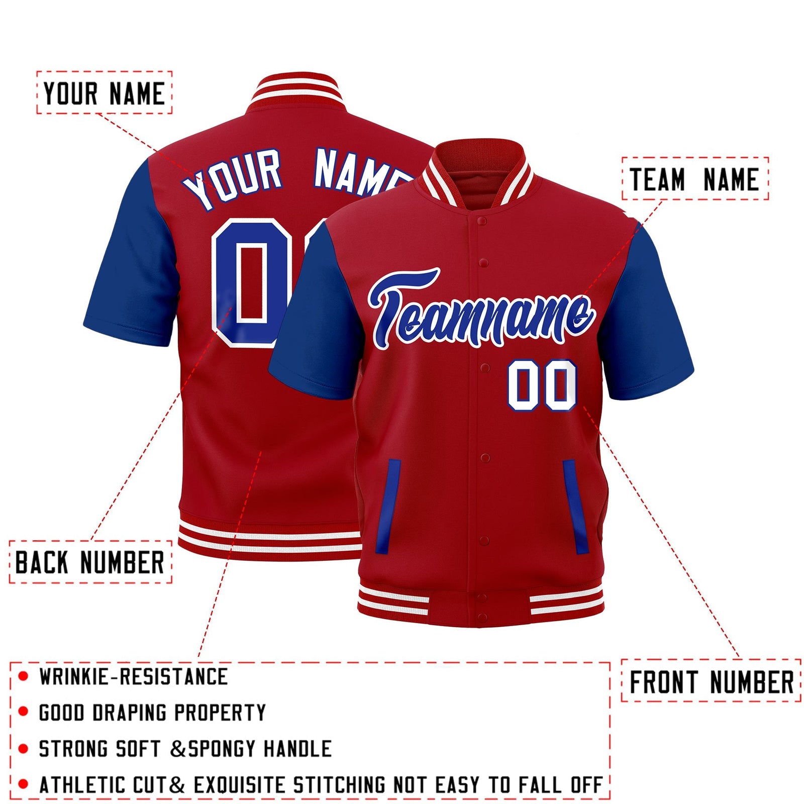 Custom Royal Blue Red White Full-Snap Classic Style Jacket| KXKSHOP