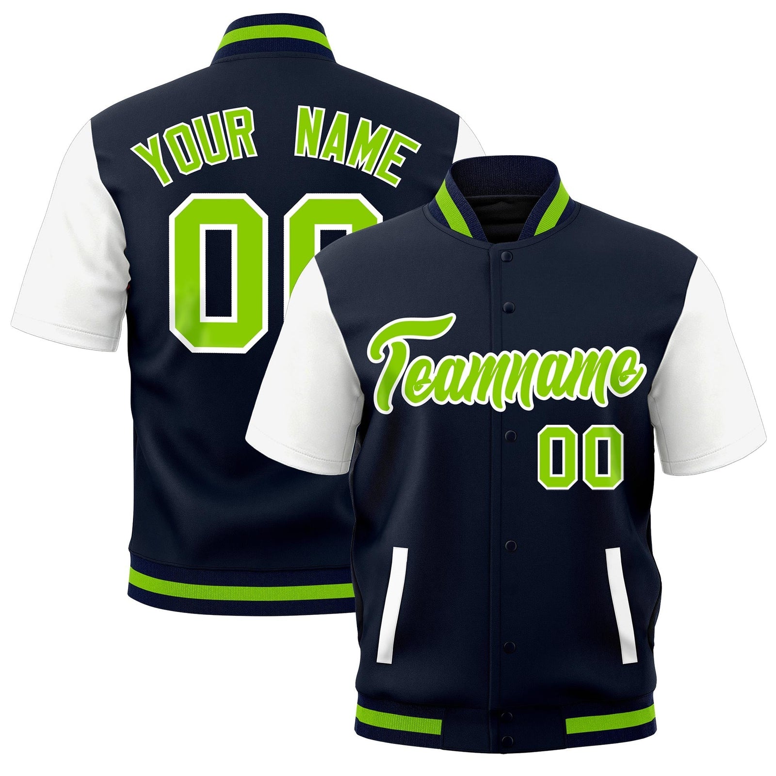 Custom White Navy Neon Green Full-Snap Classic Style Jacket| KXKSHOP