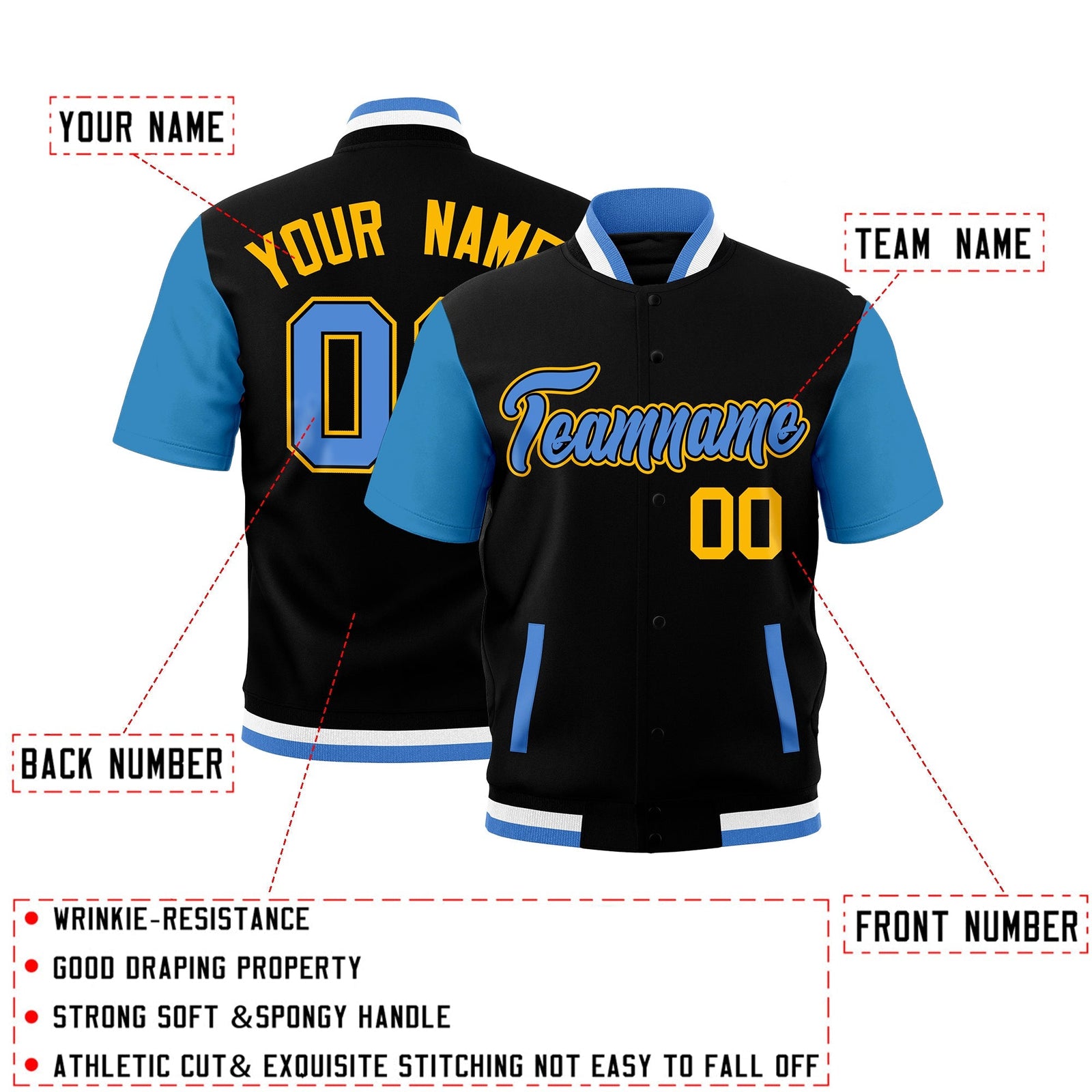 Custom Powder Blue Black White Full-Snap Classic Style Jacket| KXKSHOP