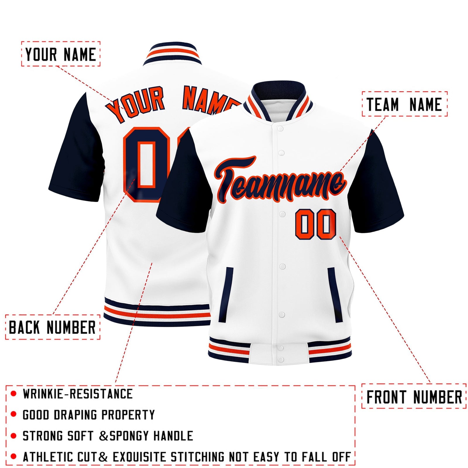 Custom Navy White Orange Full-Snap Classic Style Jacket| KXKSHOP
