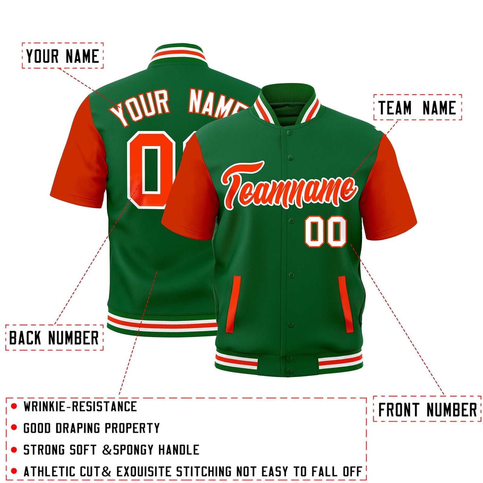 Custom Orange Kelly Green White Full-Snap Classic Style Jacket| KXKSHOP
