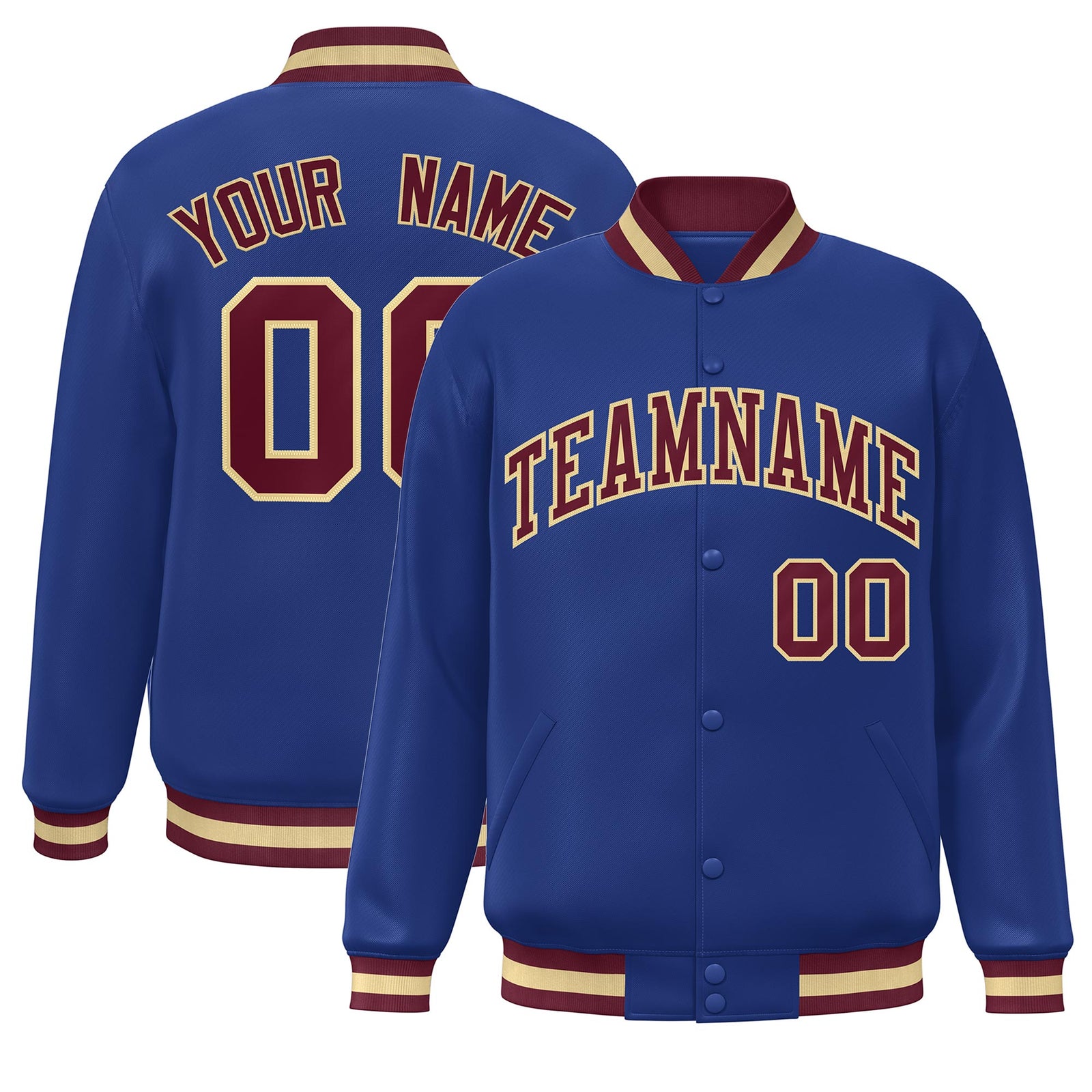 Custom Royal Crimson-Khaki Classic Style Varsity Full-Snap Letterman Jacket