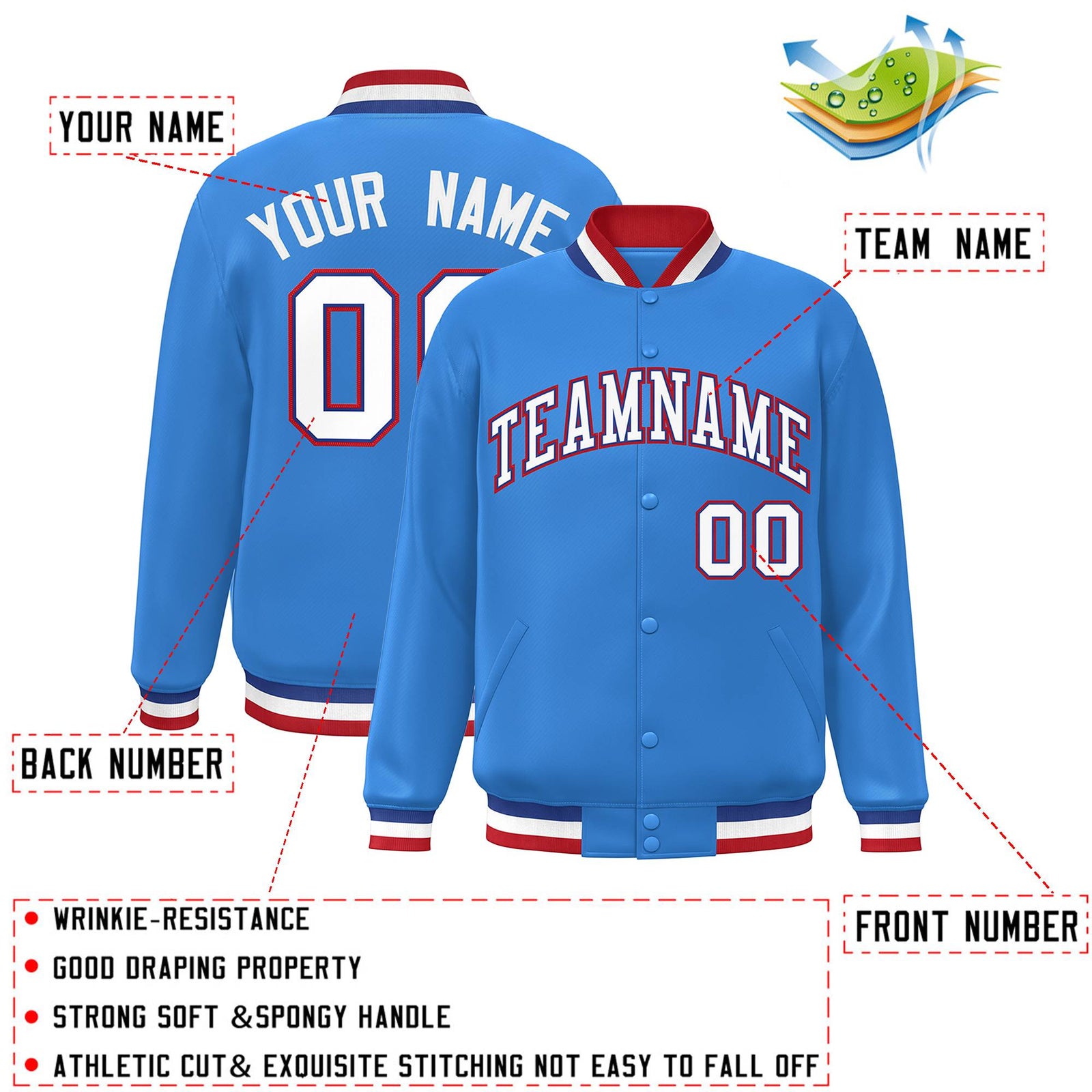 Custom Powder Blue White-Royal Classic Style Varsity Full-Snap Letterman Jacket