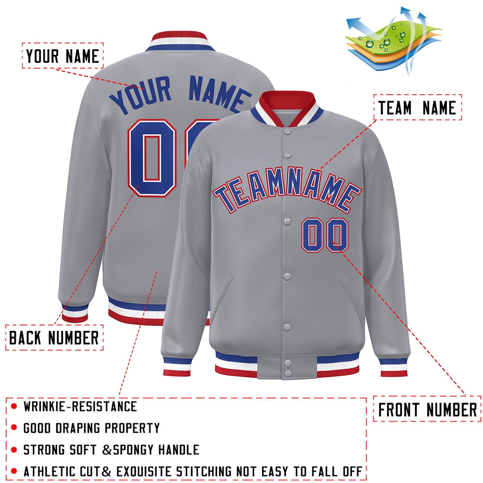 Custom Gray Royal-White Classic Style Varsity Full-Snap Letterman Jacket
