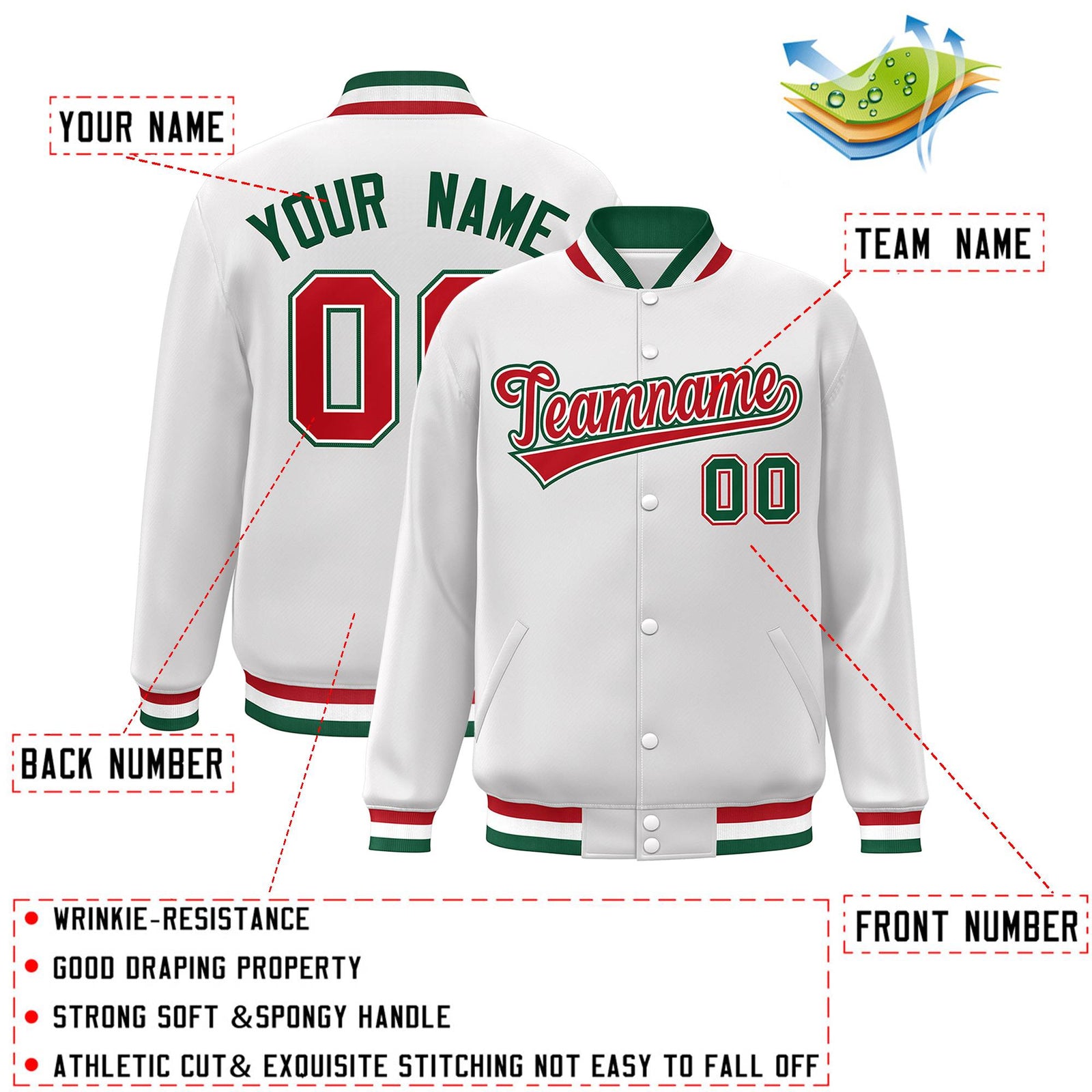 Custom White Red-White Classic Style Varsity Full-Snap Letterman Jacket