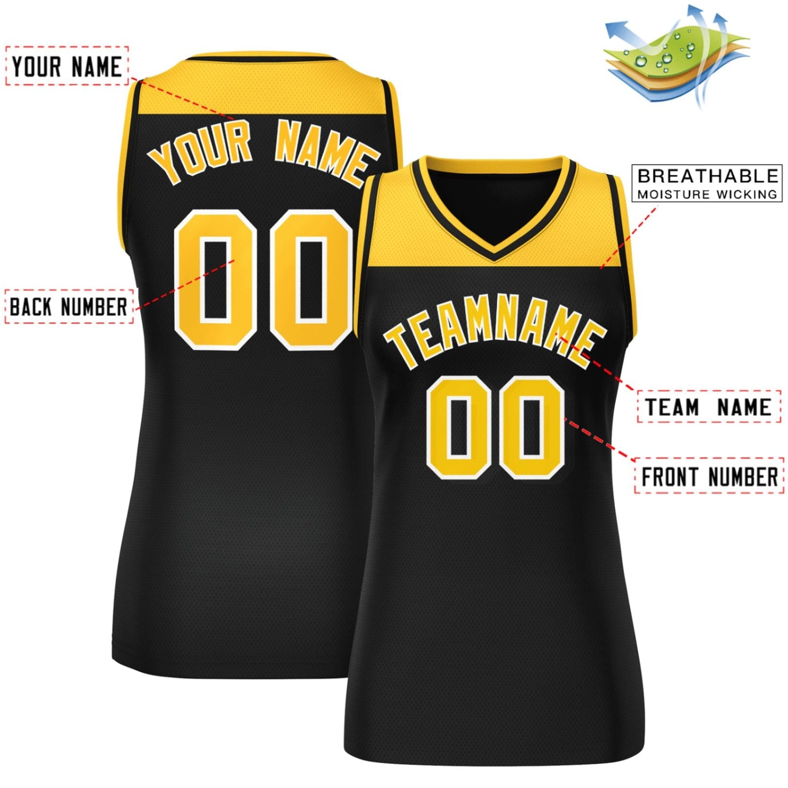 Custom Gold Black Color Block Fashion Tops Mesh Basketball Jersey For Women