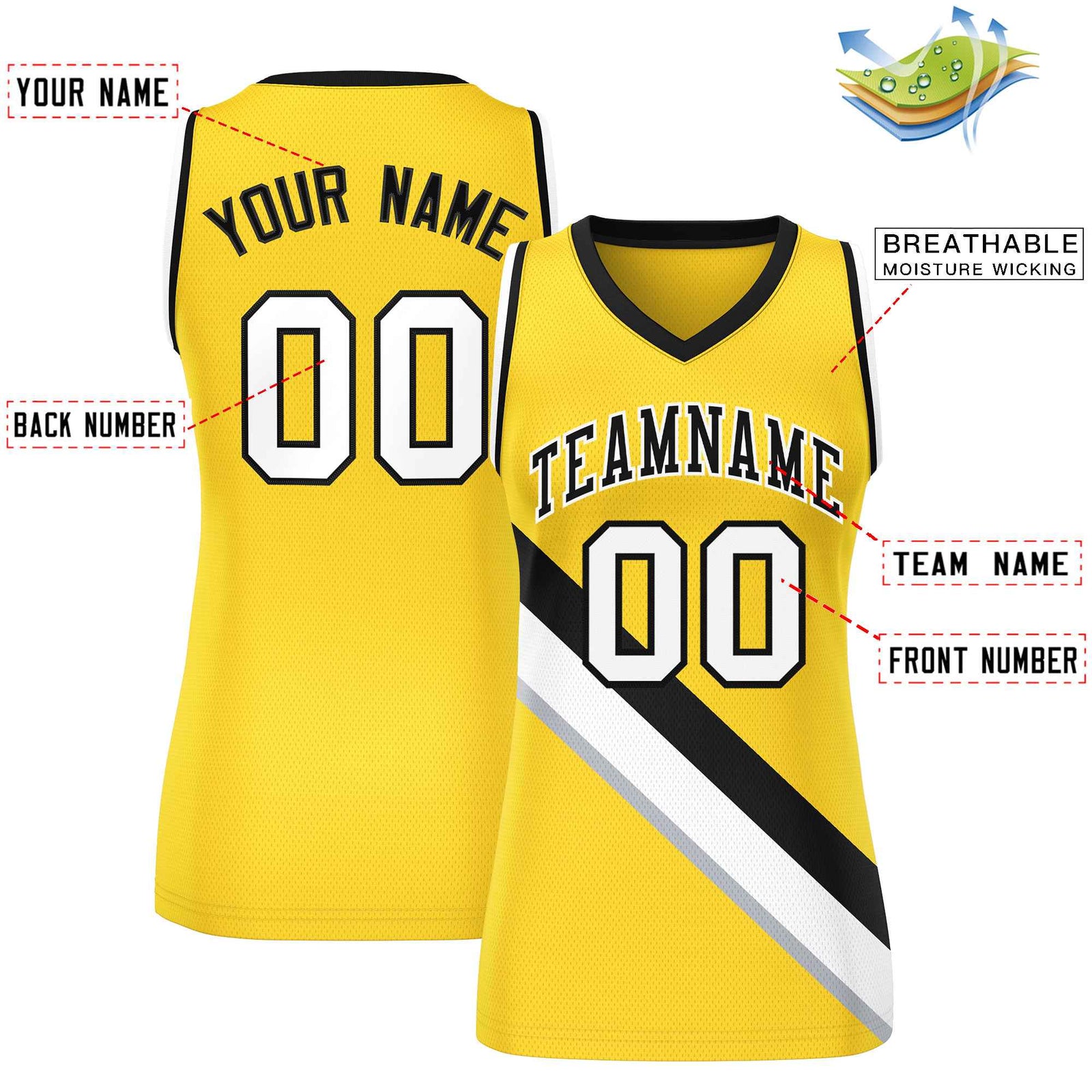 Custom Gold Black-White Thick Slash Fashion Tops Mesh Basketball Jersey For Women