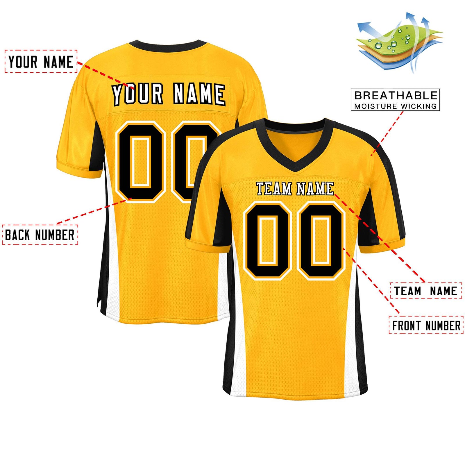 Custom Yellow Color Block Mesh Authentic Football Jersey