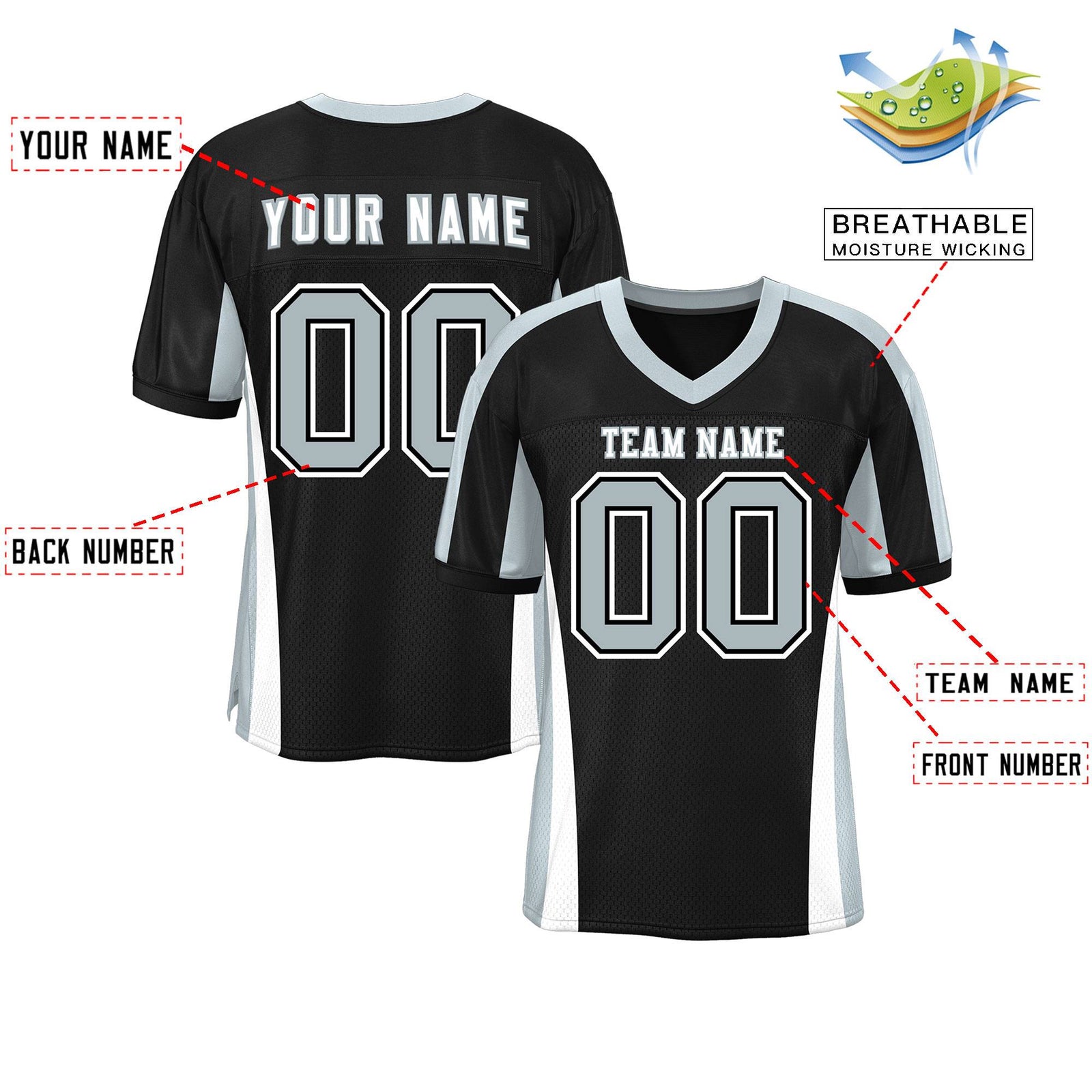Custom Black Color Block Mesh Authentic Football Jersey