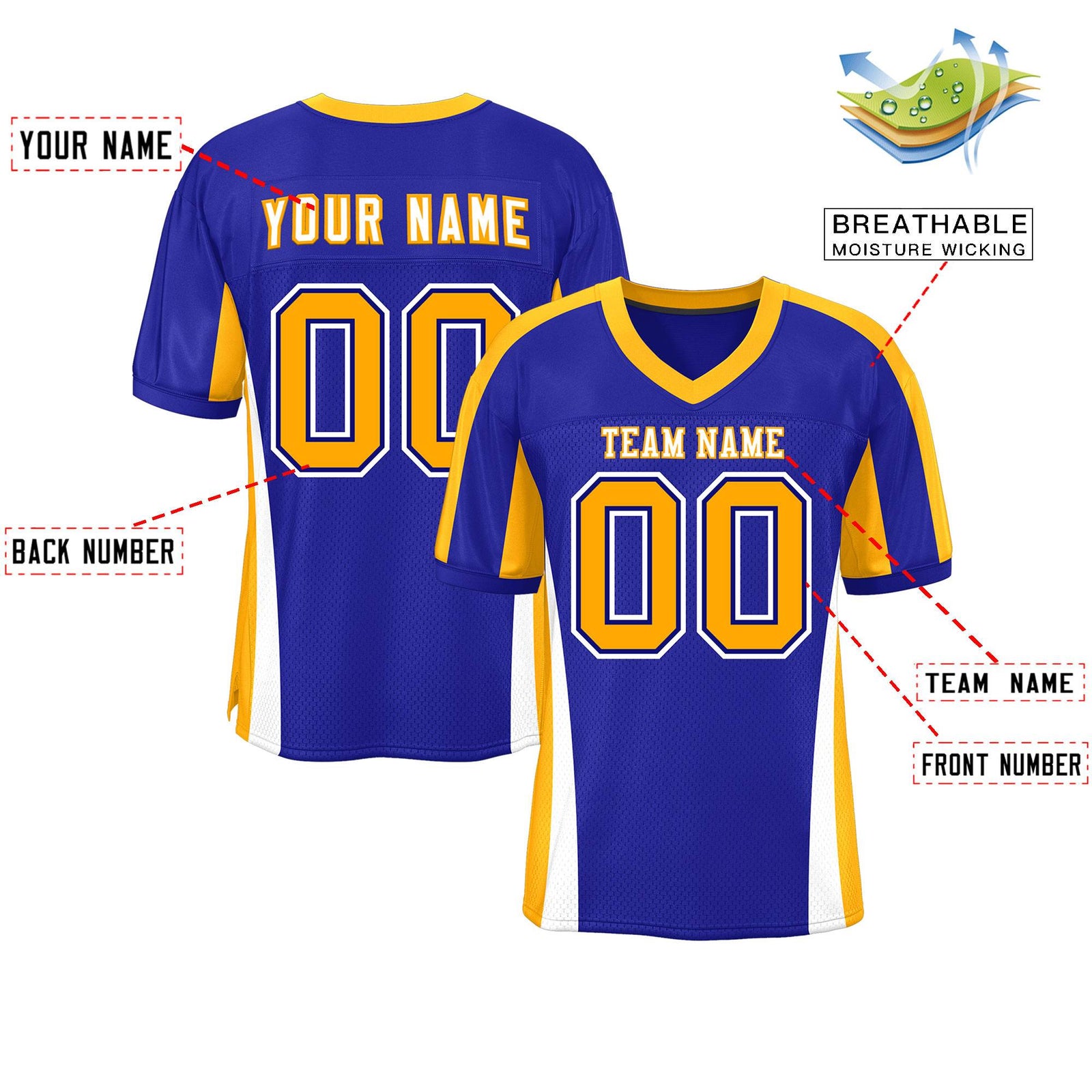 Custom Royal Color Block Mesh Authentic Football Jersey